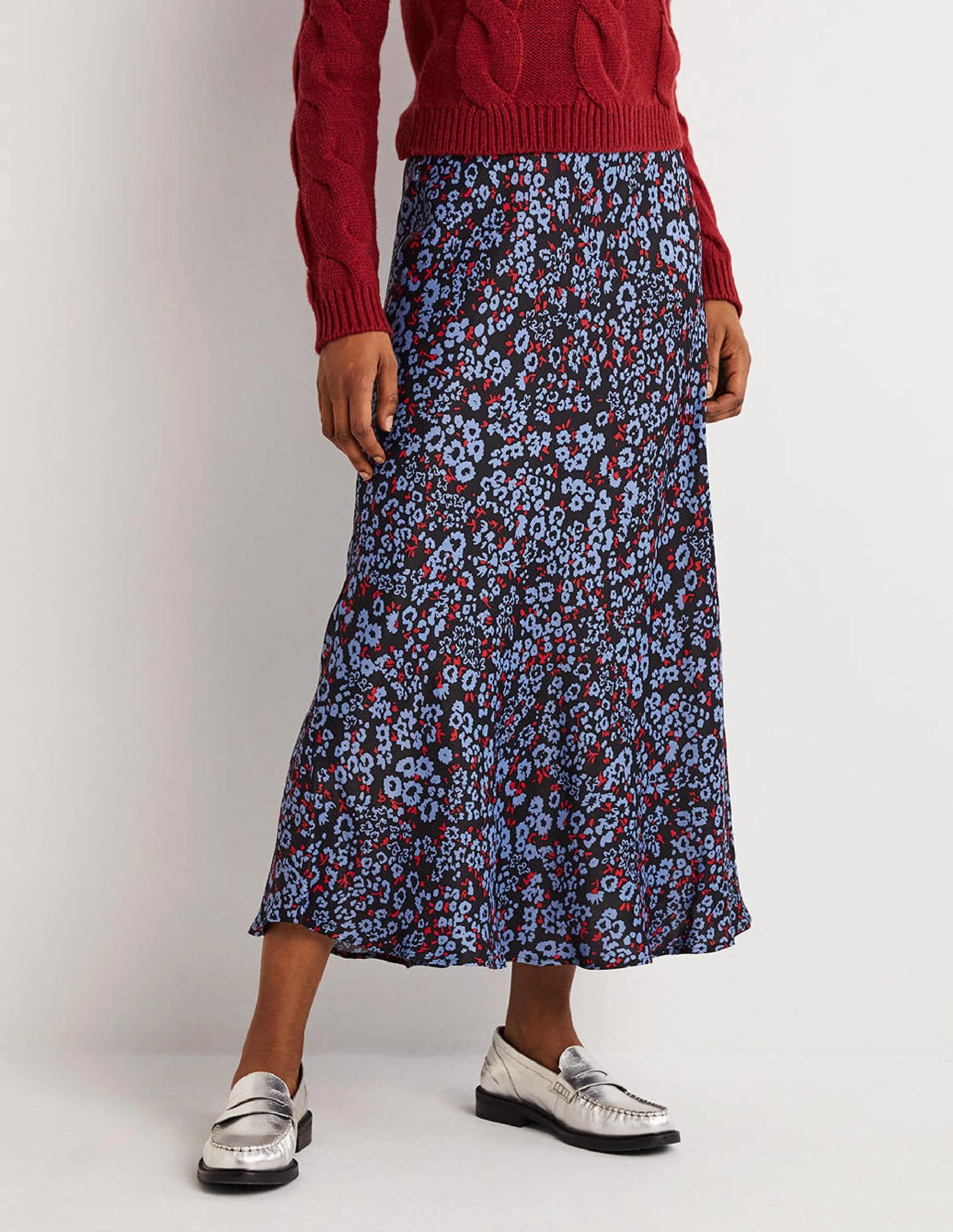 Blue Floral Satin Bias-Cut Midi Skirt-Rivierablau, Botanisches Muster - Image 4