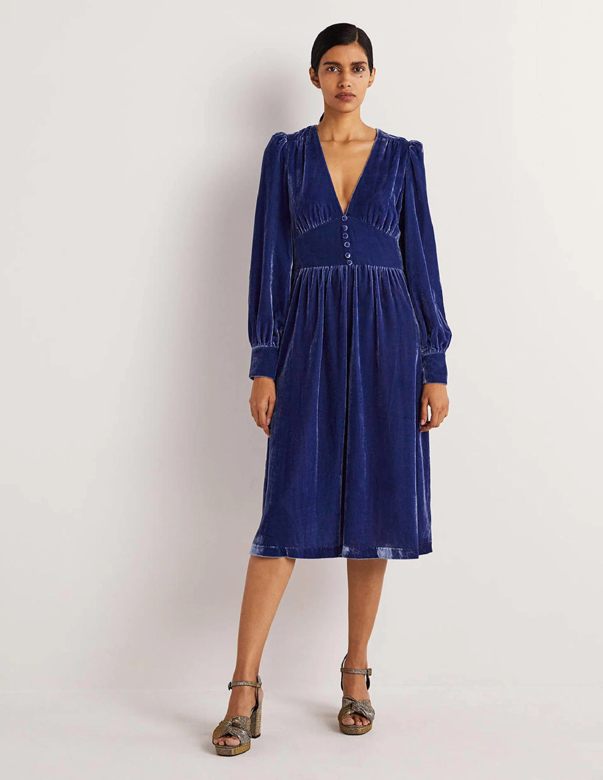Blue Velvet Midi Party Dress-Meerblau