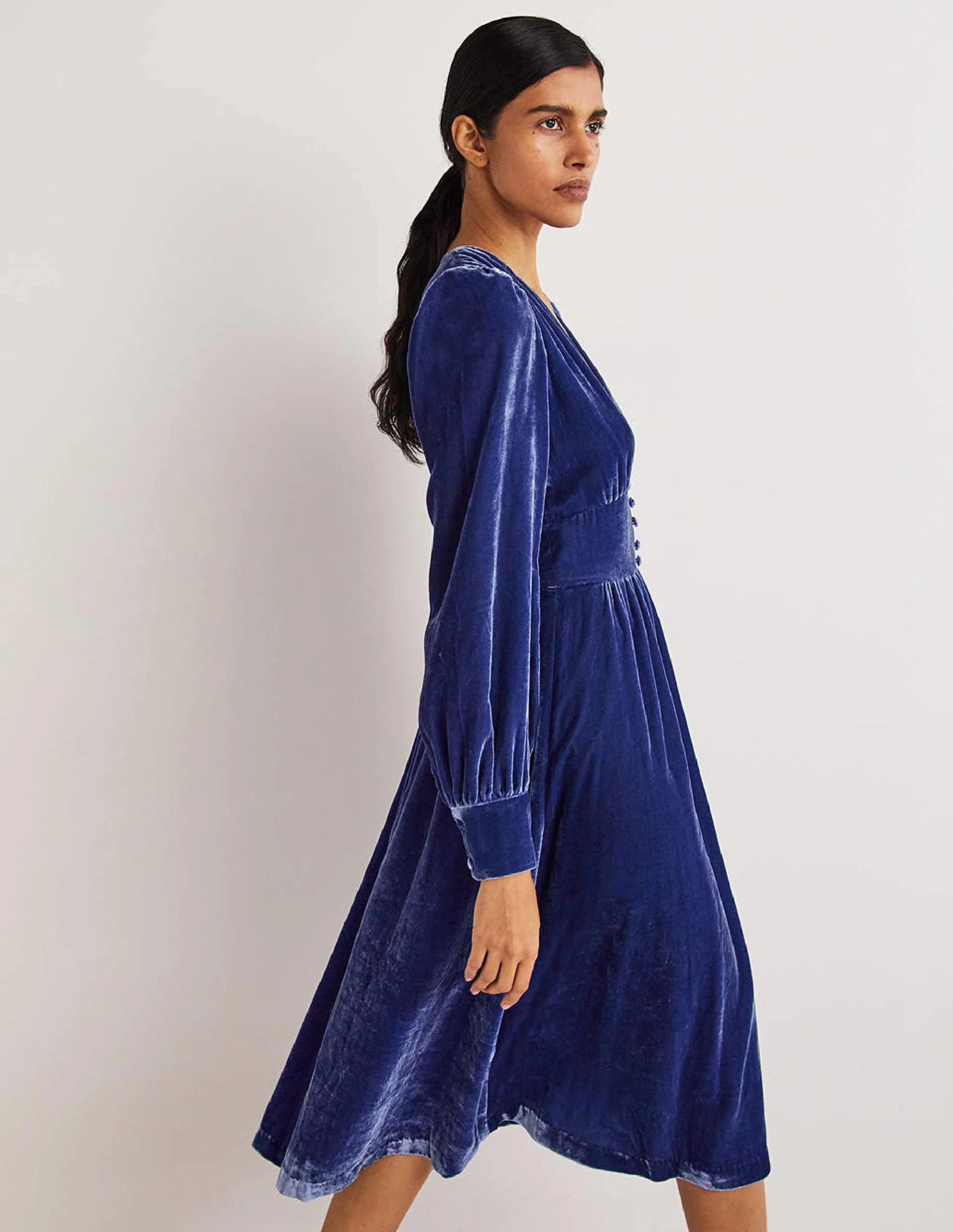 Blue Velvet Midi Party Dress-Meerblau - Image 4