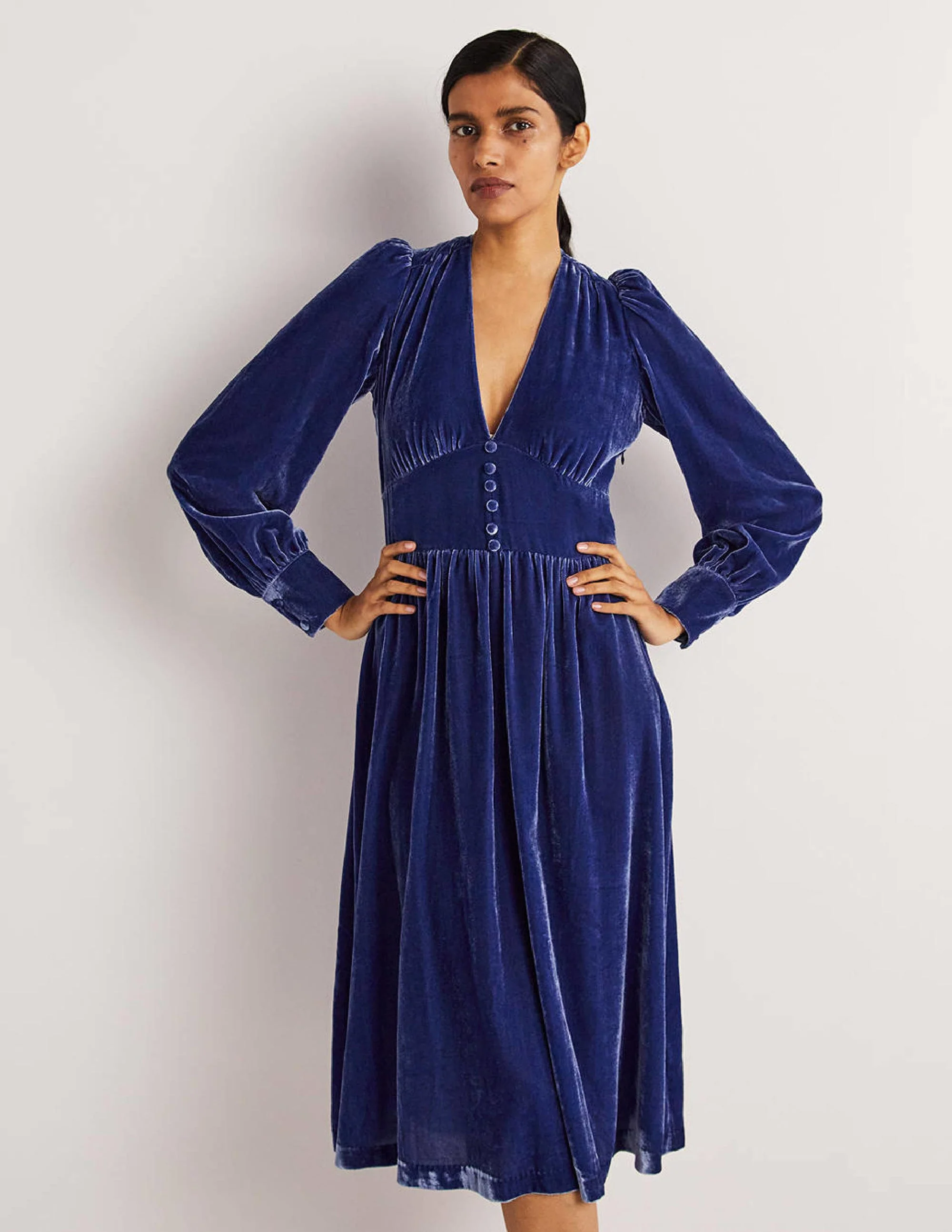 Blue Velvet Midi Party Dress-Meerblau - Image 5