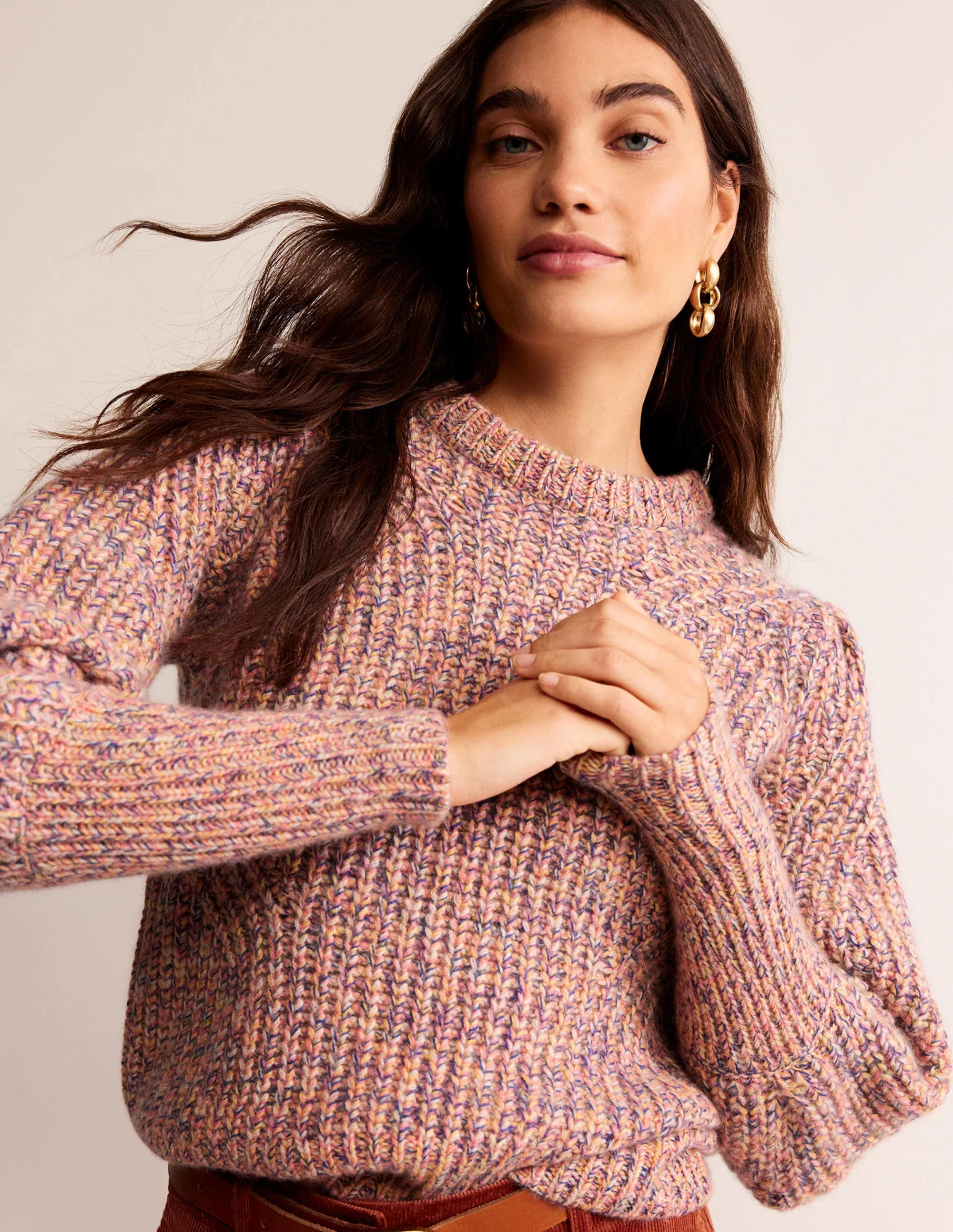 Breiter Kaschmirpullover mit Rippstruktur-Dusty Rose Marl
