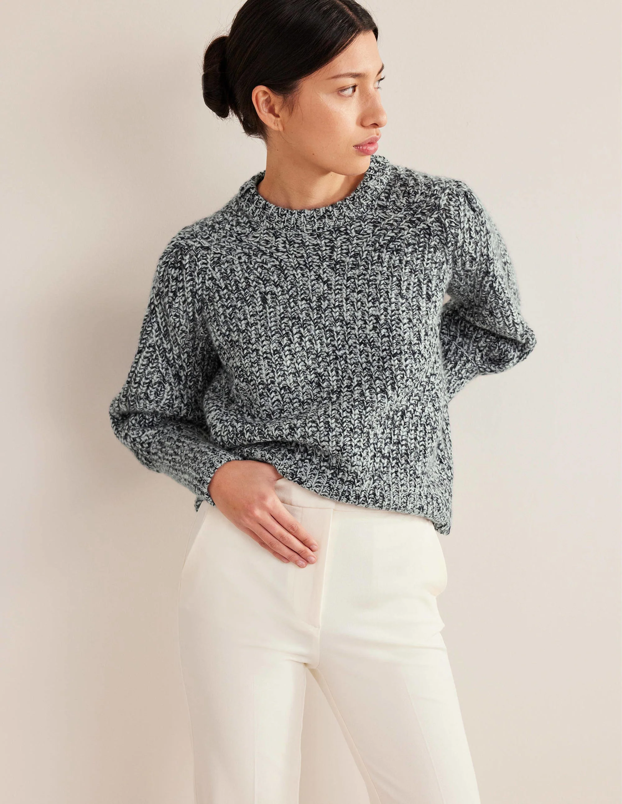 Breiter Kaschmirpullover mit Rippstruktur-Navy, Chinchilla Marl