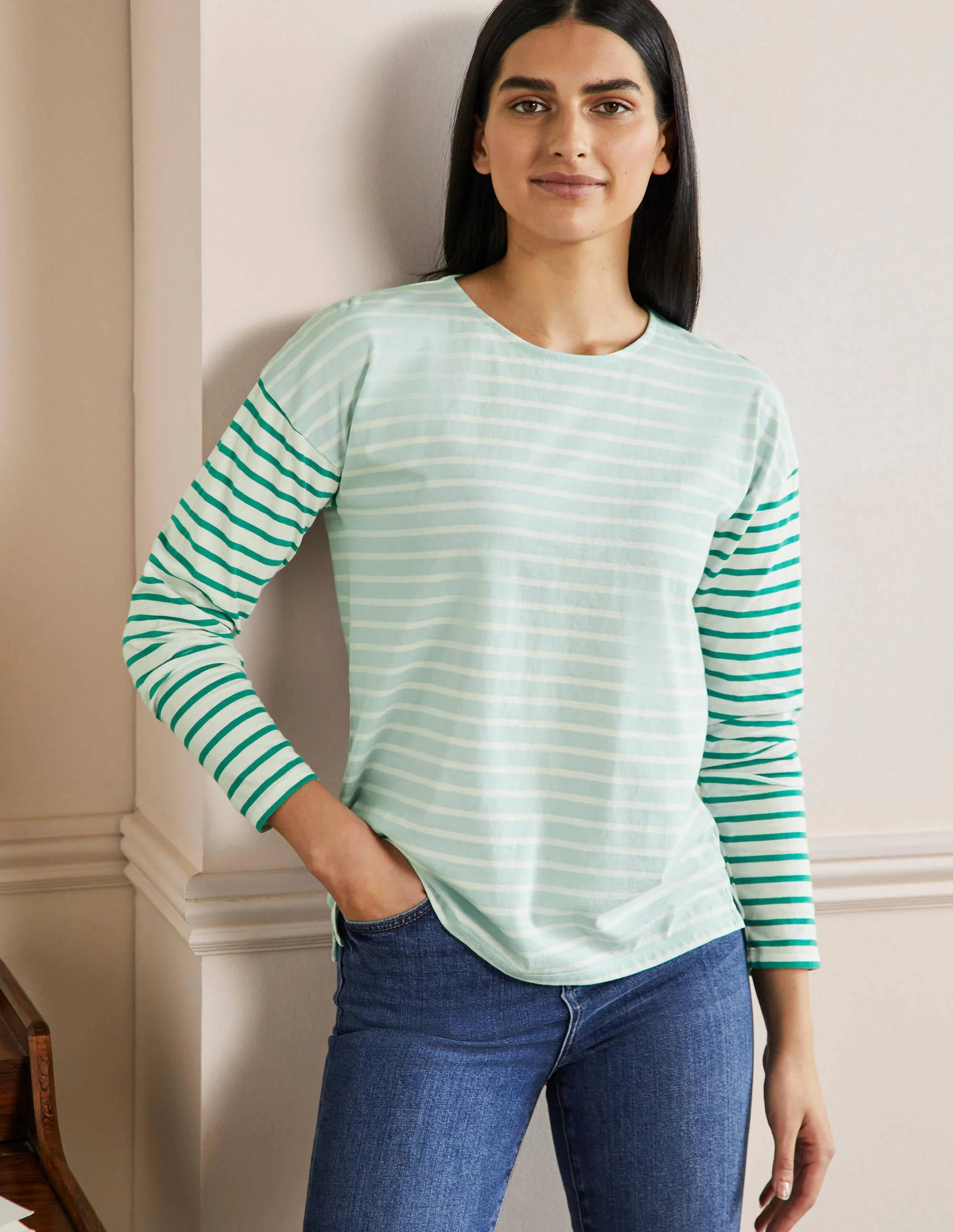 Bretonshirt mit überschnittenen Schultern-Morgendämmerungsblau/Naturweiß, Gestreift - Image 4