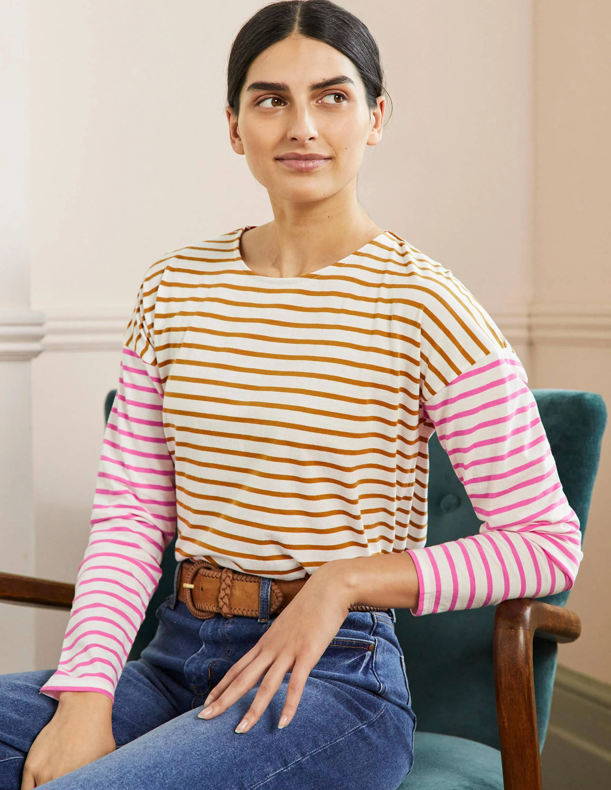 Bretonshirt mit überschnittenen Schultern-Naturweiß/Weihrauch, Gestreift