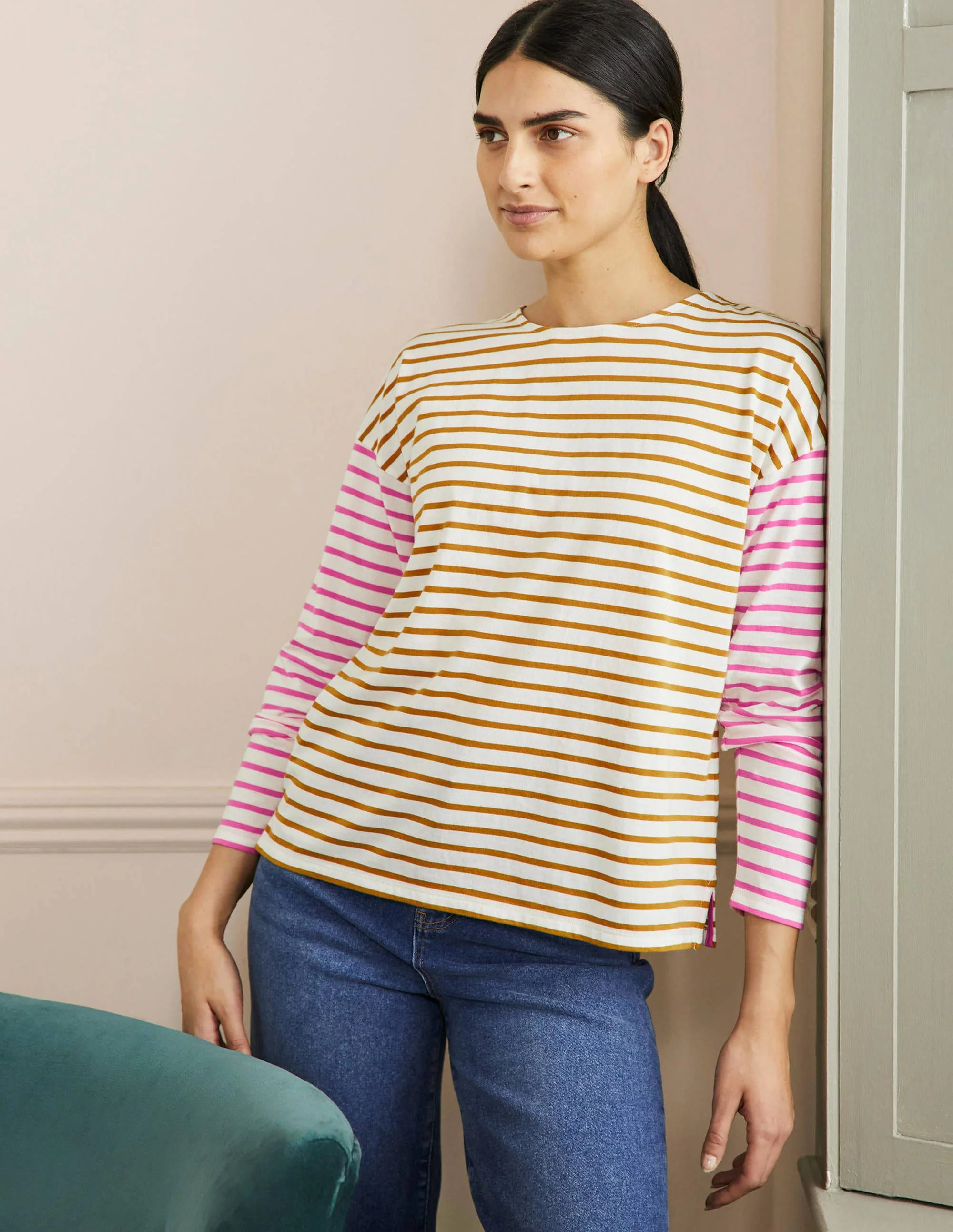 Bretonshirt mit überschnittenen Schultern-Naturweiß/Weihrauch, Gestreift - Image 4