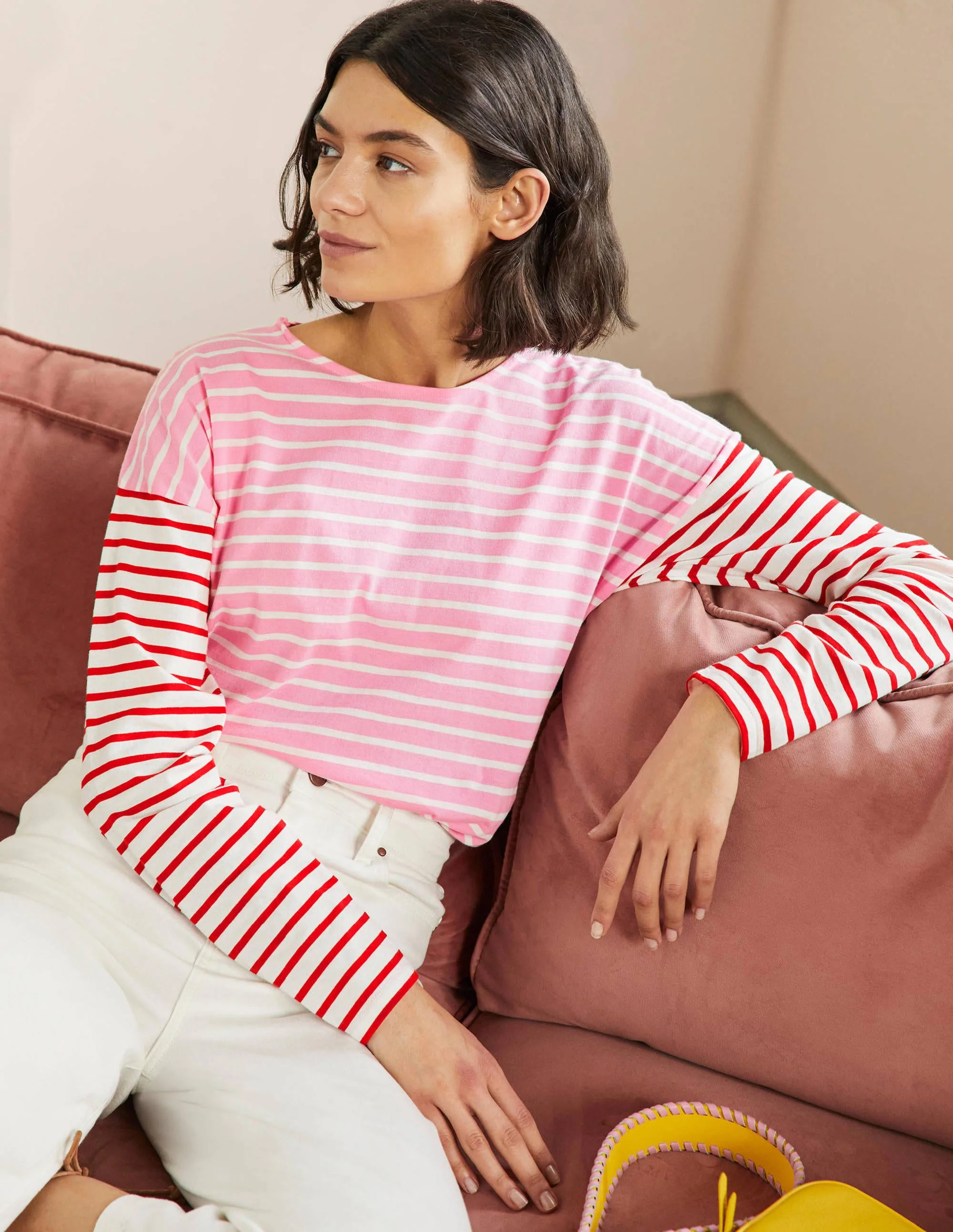 Bretonshirt mit überschnittenen Schultern-Tiefes Rosa/Naturweiß, Gestreift