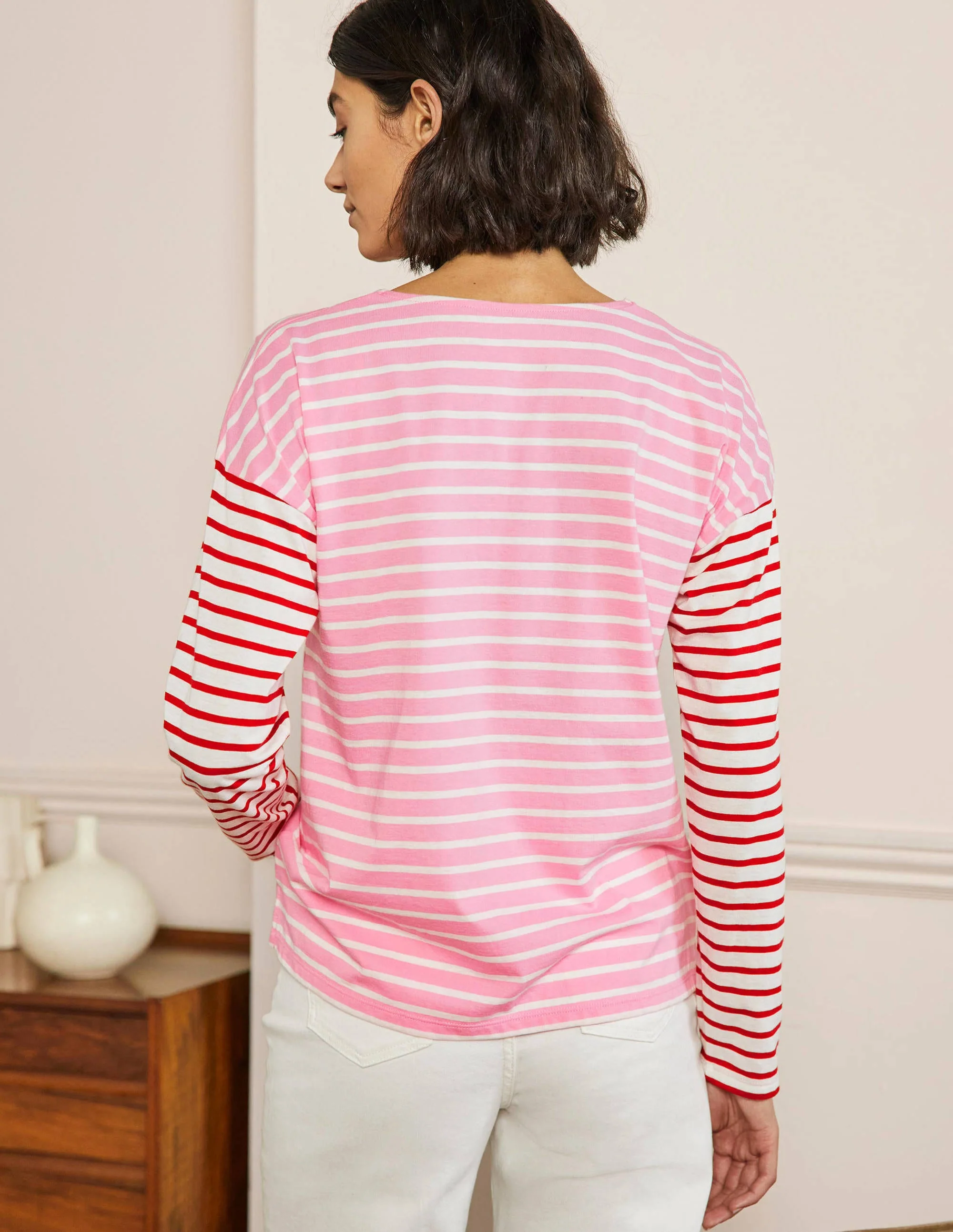 Bretonshirt mit überschnittenen Schultern-Tiefes Rosa/Naturweiß, Gestreift - Image 3