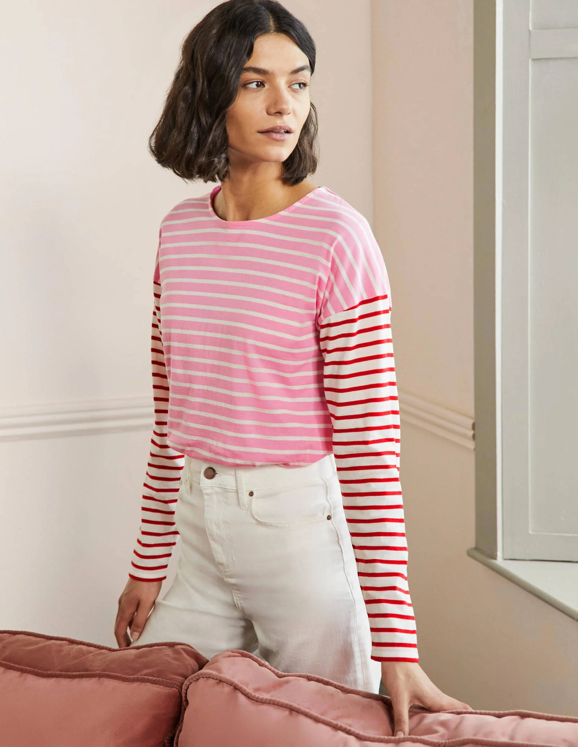 Bretonshirt mit überschnittenen Schultern-Tiefes Rosa/Naturweiß, Gestreift - Image 4