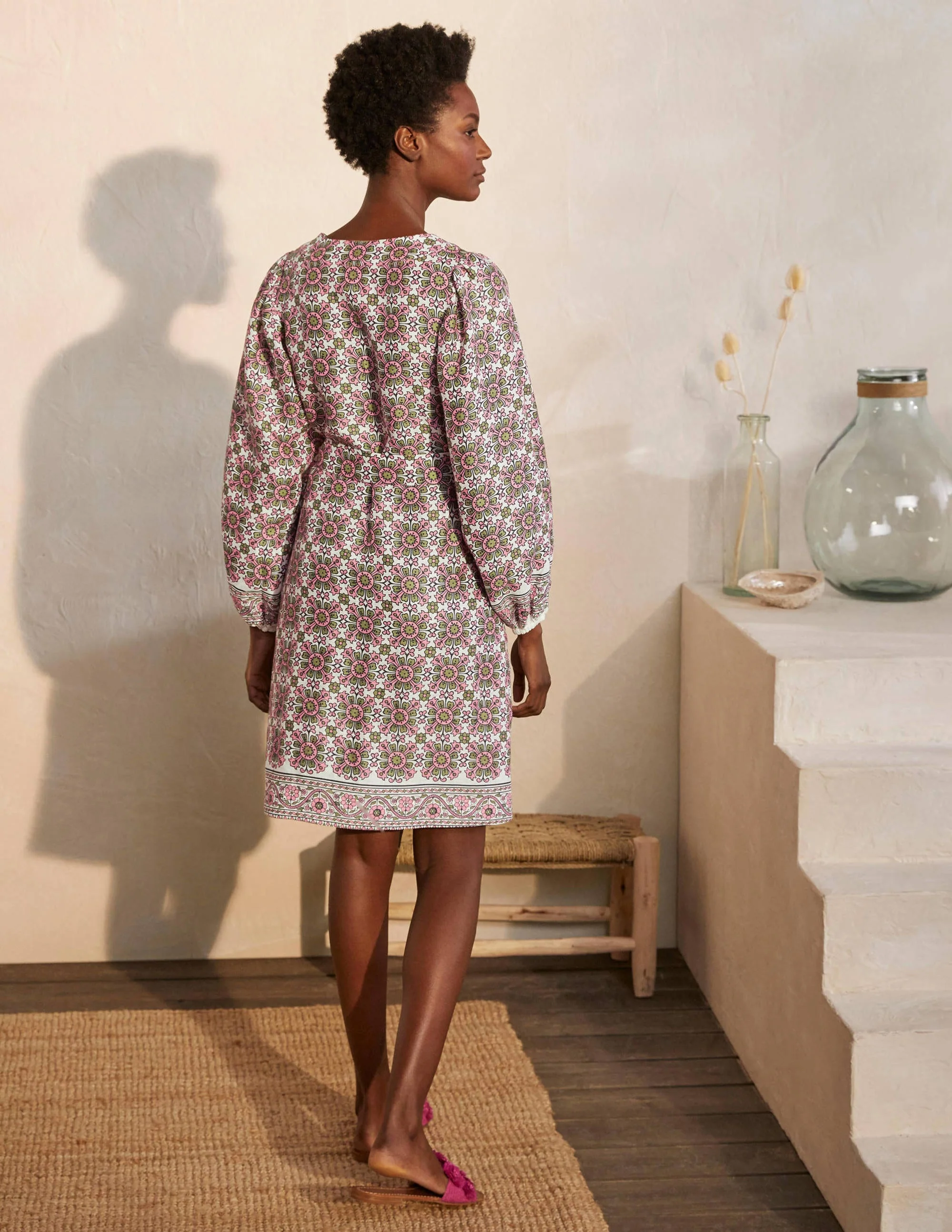 Bridget Leinenkleid mit Gürtel-Naturweiß/Azalee, Blumenkachel - Image 3