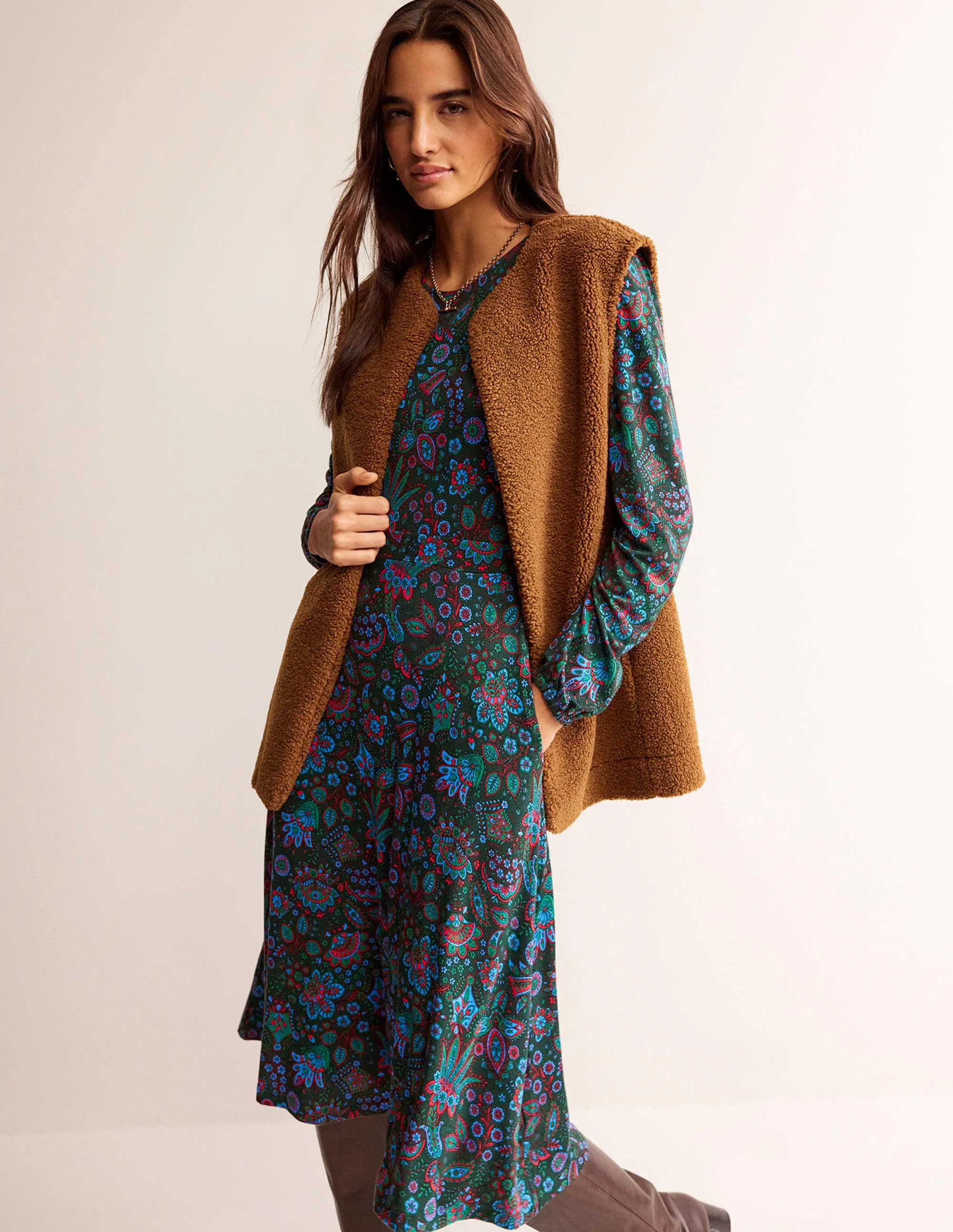 Camille Midikleid aus Jersey-Chatsworthgrün, Azaleenblüte