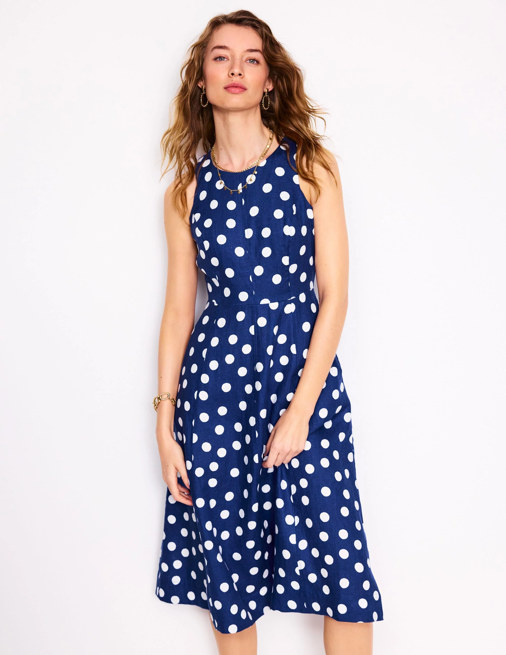 Carla Leinen-Midikleid-Steuerbordblau, Gemalte Tupfen
