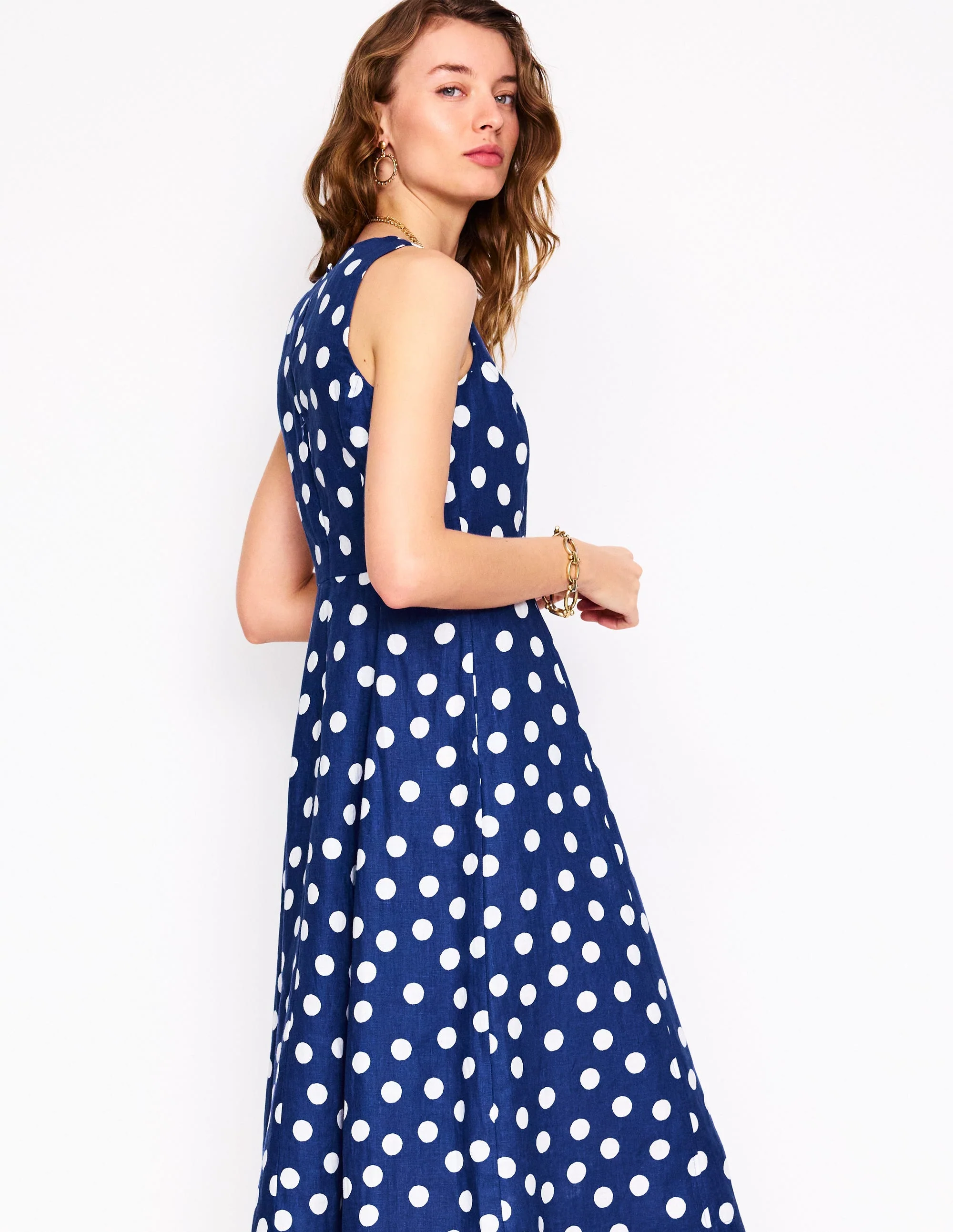Carla Leinen-Midikleid-Steuerbordblau, Gemalte Tupfen - Image 4