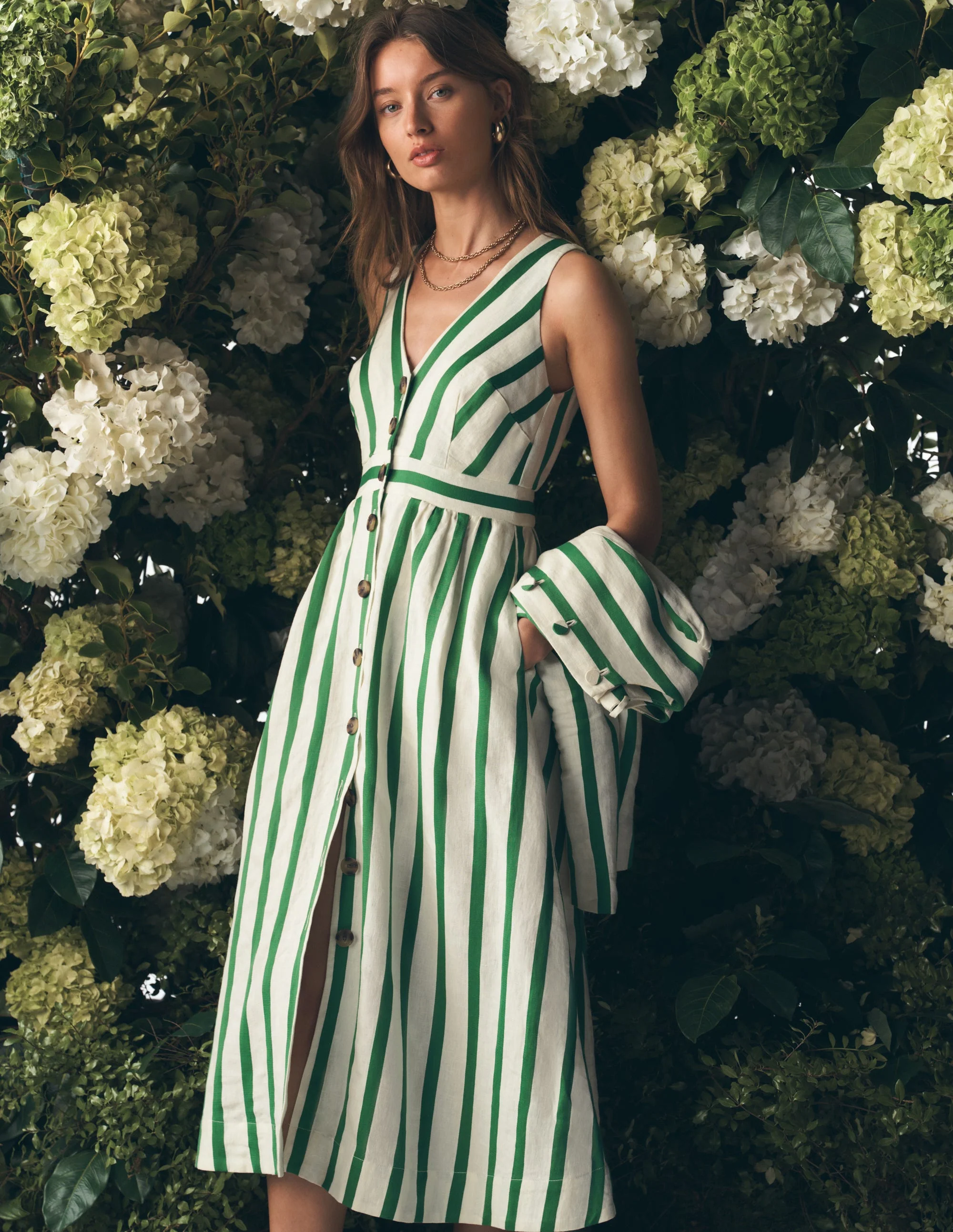Catherine Leinenkleid mit Knöpfen-Naturweiß und Grün Satin Streifen