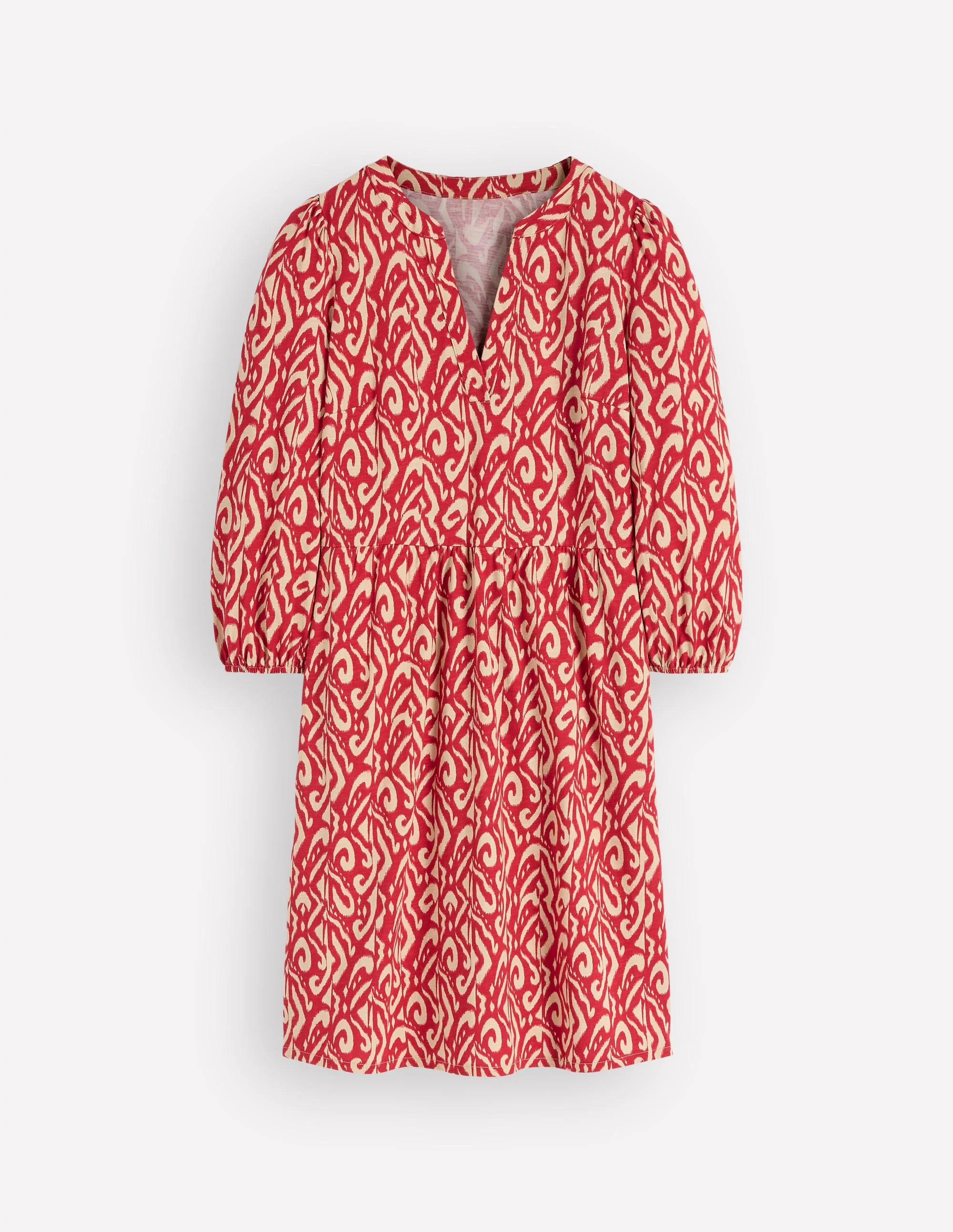 Cathy Jerseykleid mit gekerbtem Ausschnitt-Merida-Rot, Aztekenmuster - Image 6
