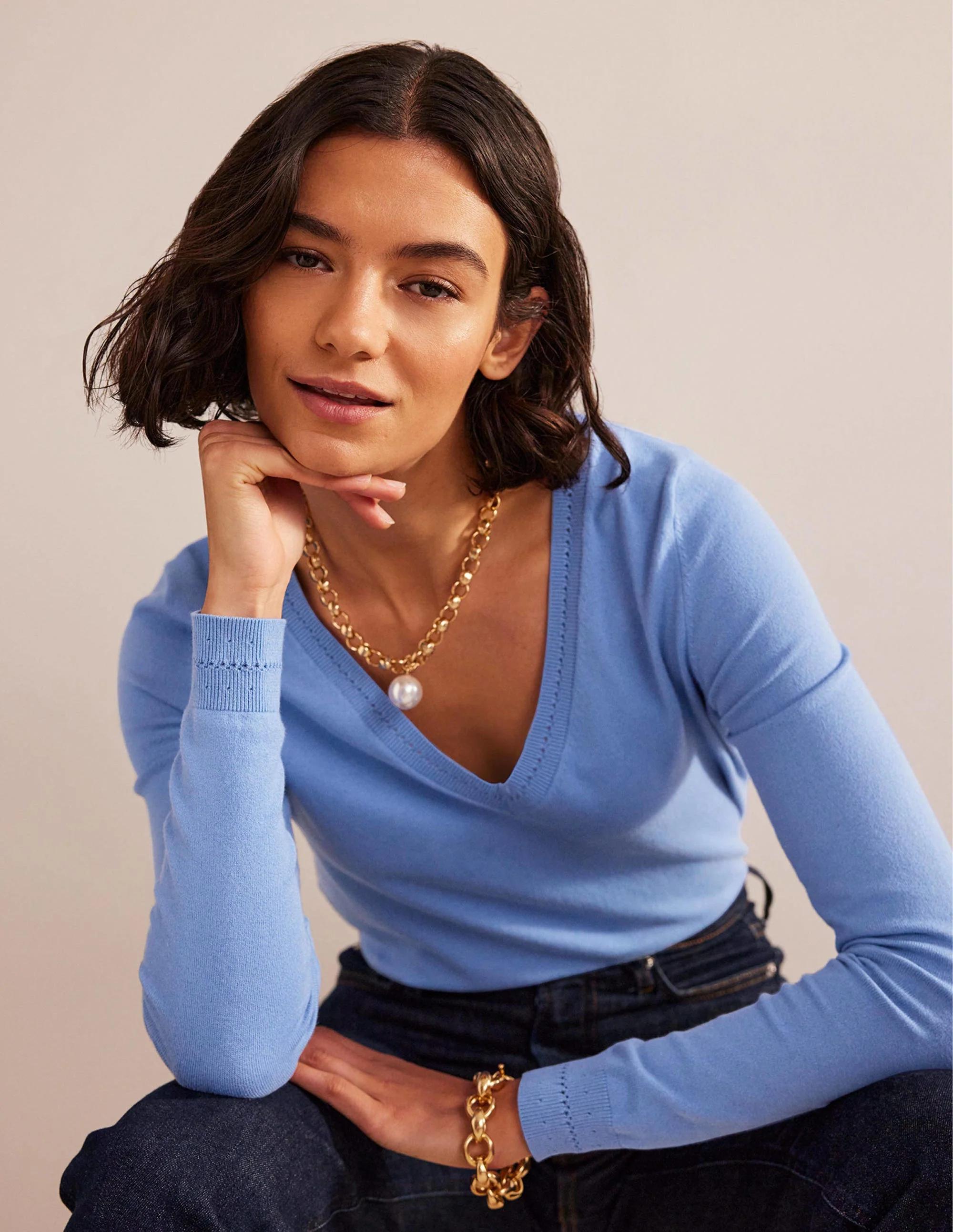 Catriona Pullover aus Baumwolle mit V-Ausschnitt-Marina