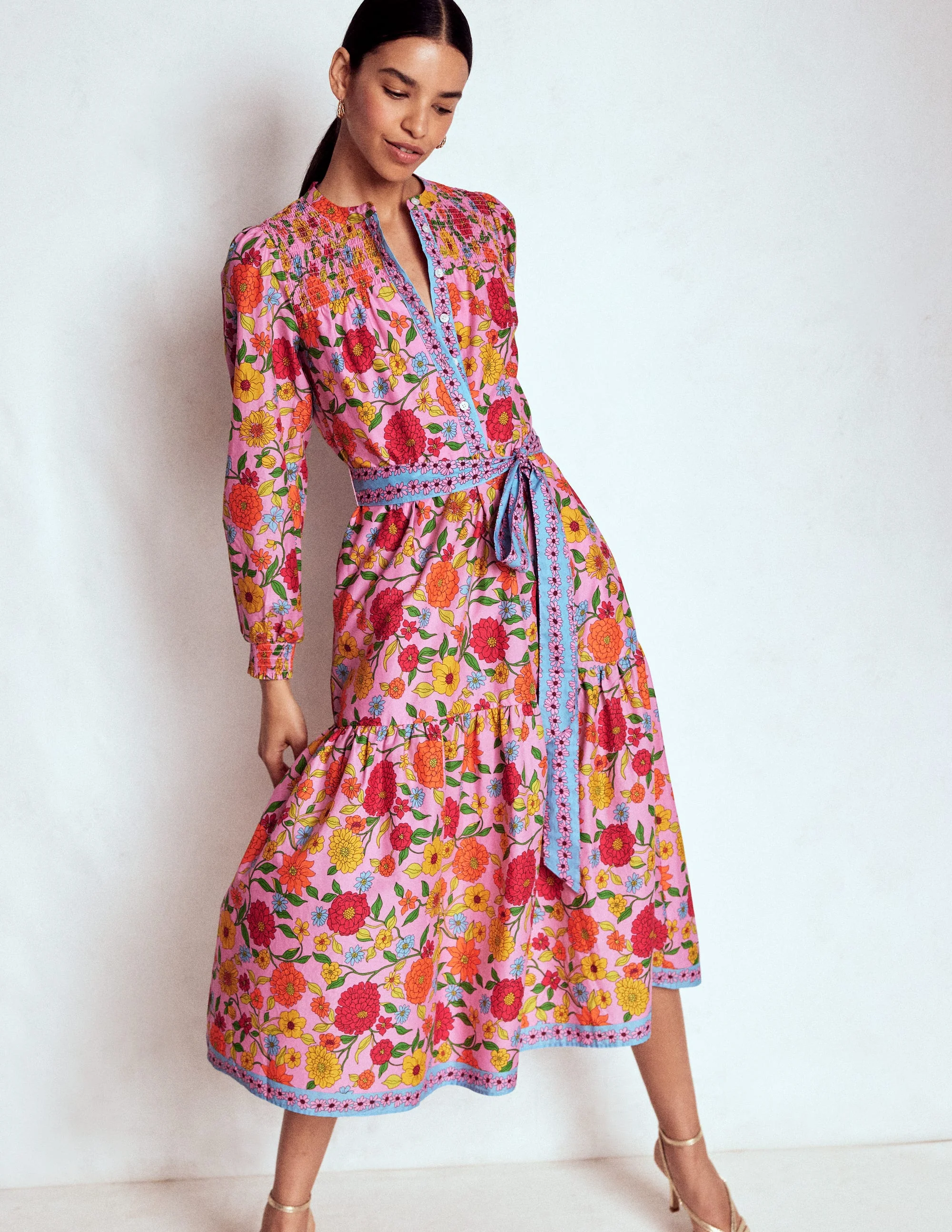 Cecily Baumwoll-Midikleid-Bunt, Kaskadenartige Dahlien