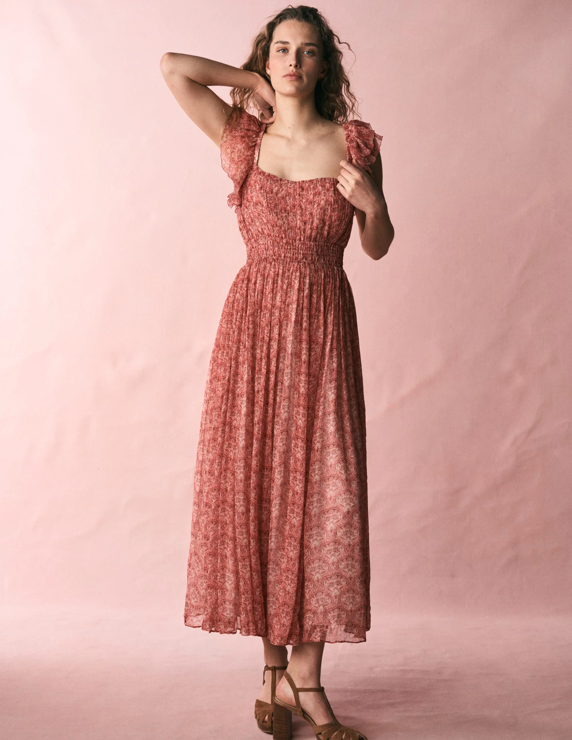 Chiffon-Maxikleid in Knitteroptik-Rosa Paradiesgärten