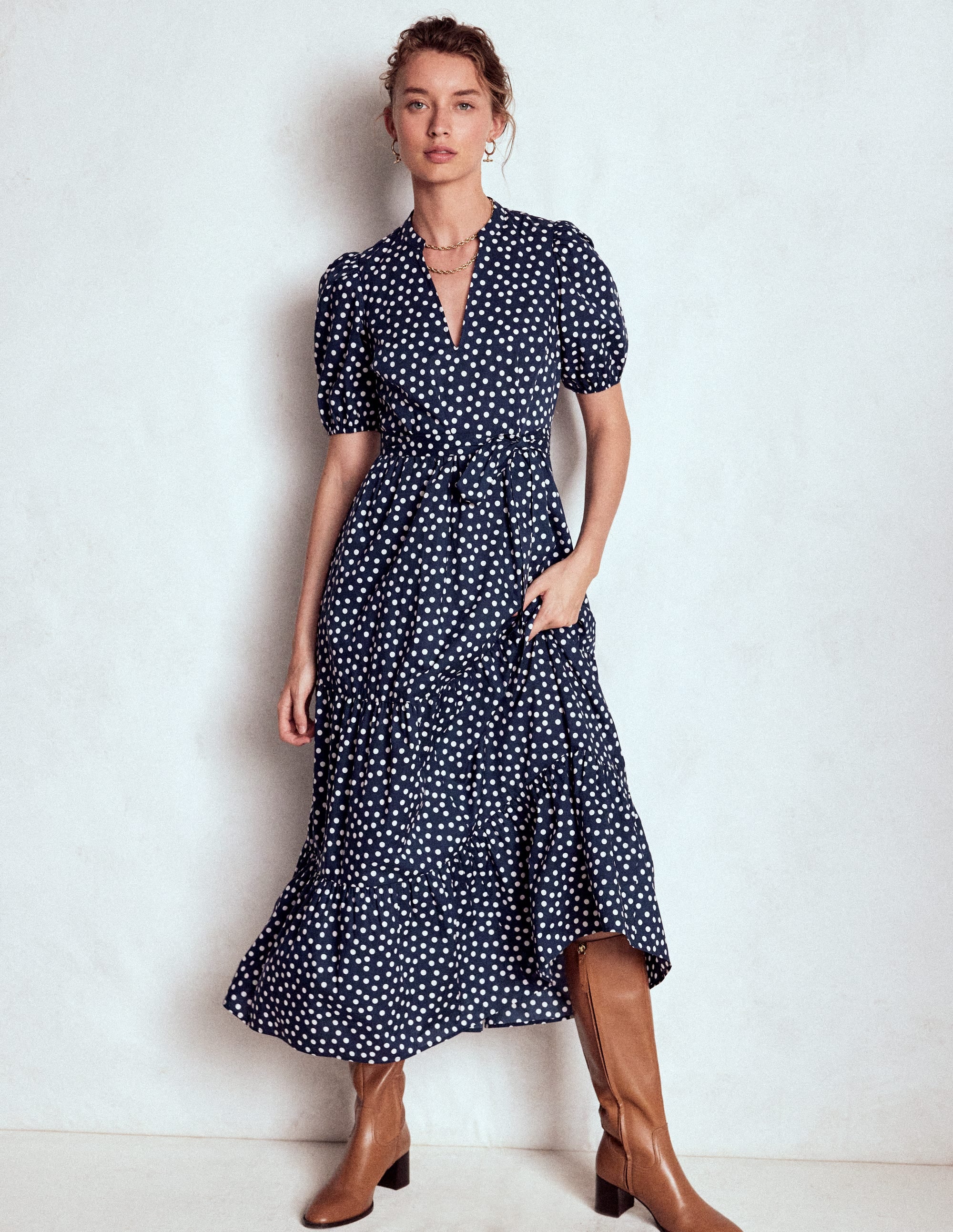 Christabel Baumwoll-Midikleid-Französisches Marineblau, Gemalte Tupfen