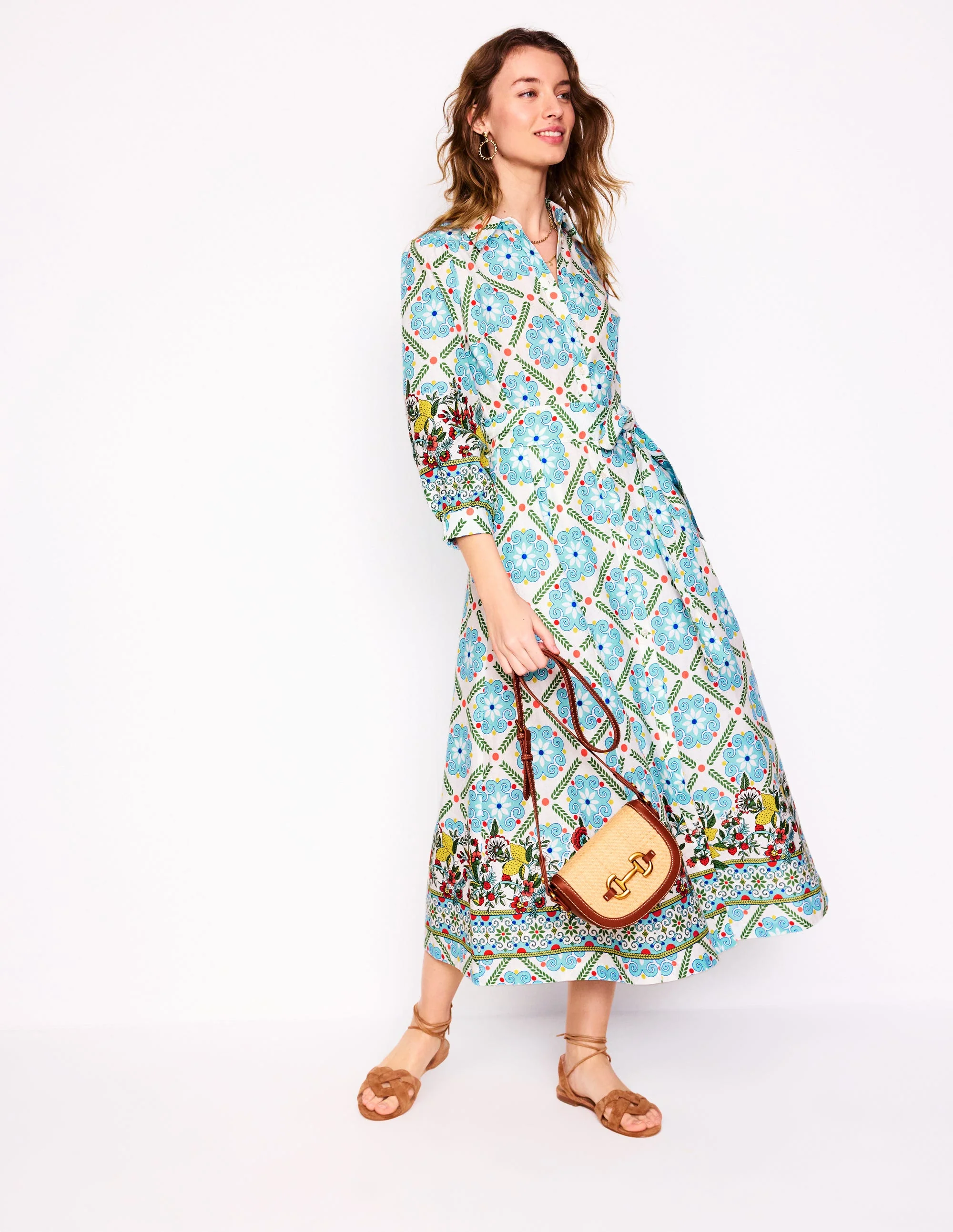 Clara Hemdblusenkleid aus Leinenmischgewebe-Bunt, Zitrusrebe Kacheln