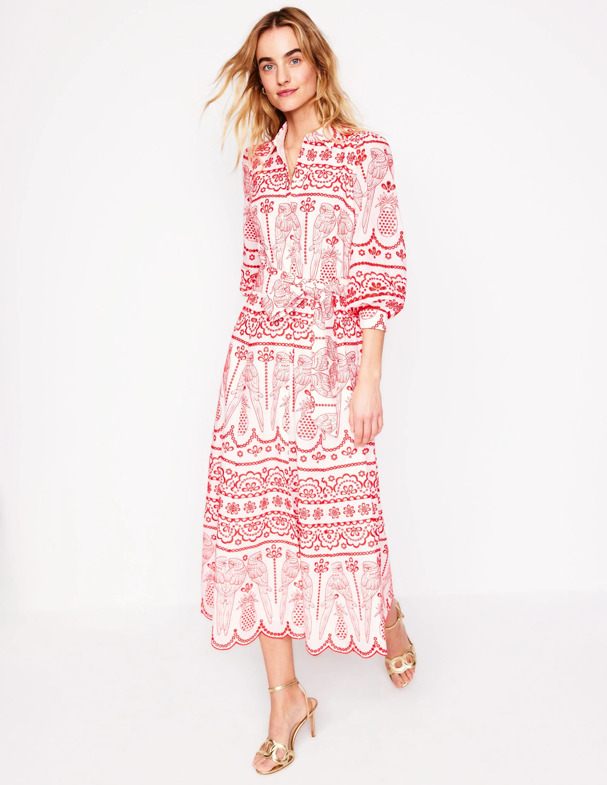 Clara Hemdblusenkleid mit Lochstickerei-Mohnblumenrot, Papageien-Lockstickerei