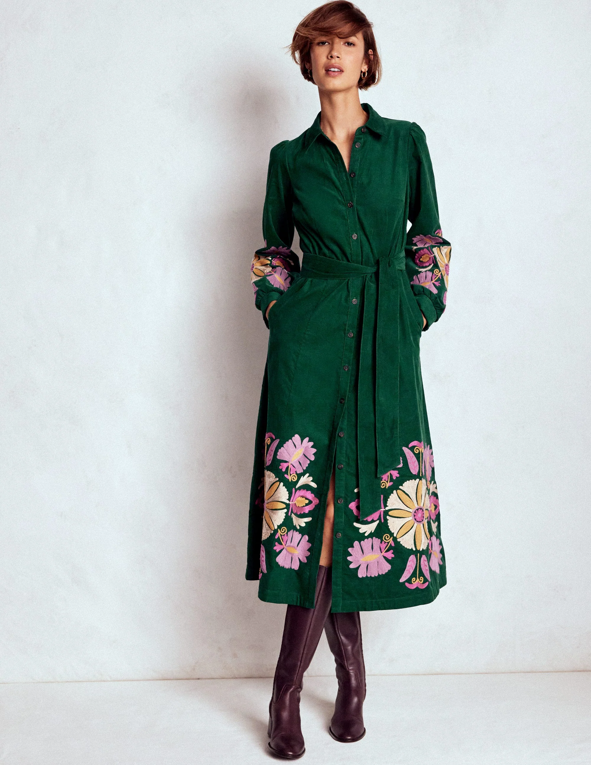 Clara Midikleid aus Cord-Dunkles Smaragdgrün, Stickerei - Image 4