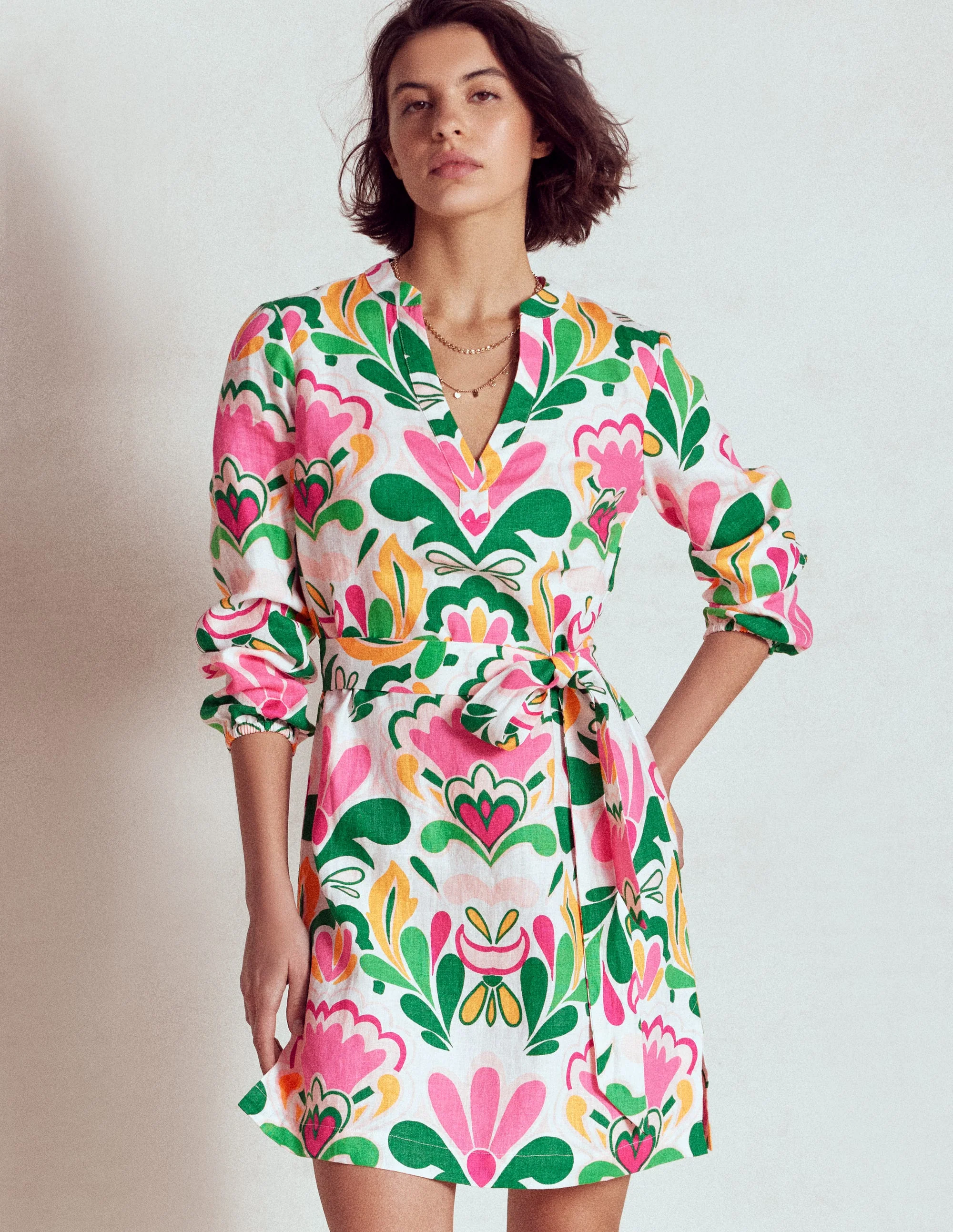 Cleo Leinenkleid mit Bindegürtel-Bunt, Freesienstempel - Image 6