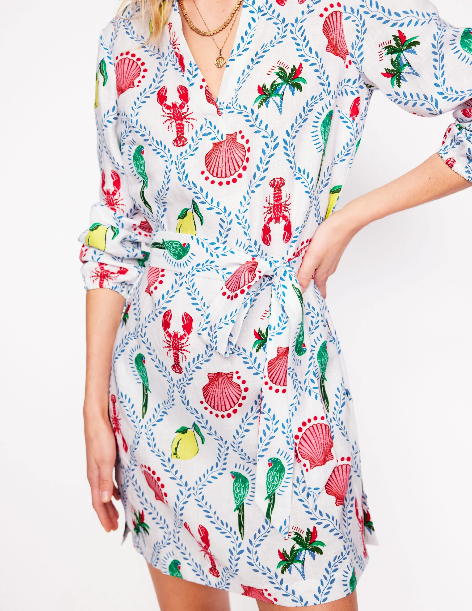 Cleo Leinenkleid mit Bindegürtel-Naturweiß, Tropical Bonanza-Motiv - Image 2