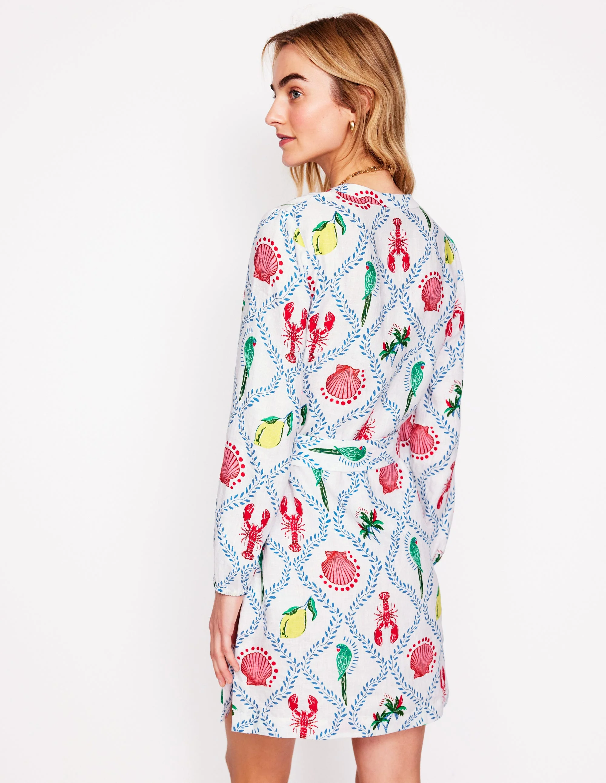 Cleo Leinenkleid mit Bindegürtel-Naturweiß, Tropical Bonanza-Motiv - Image 3