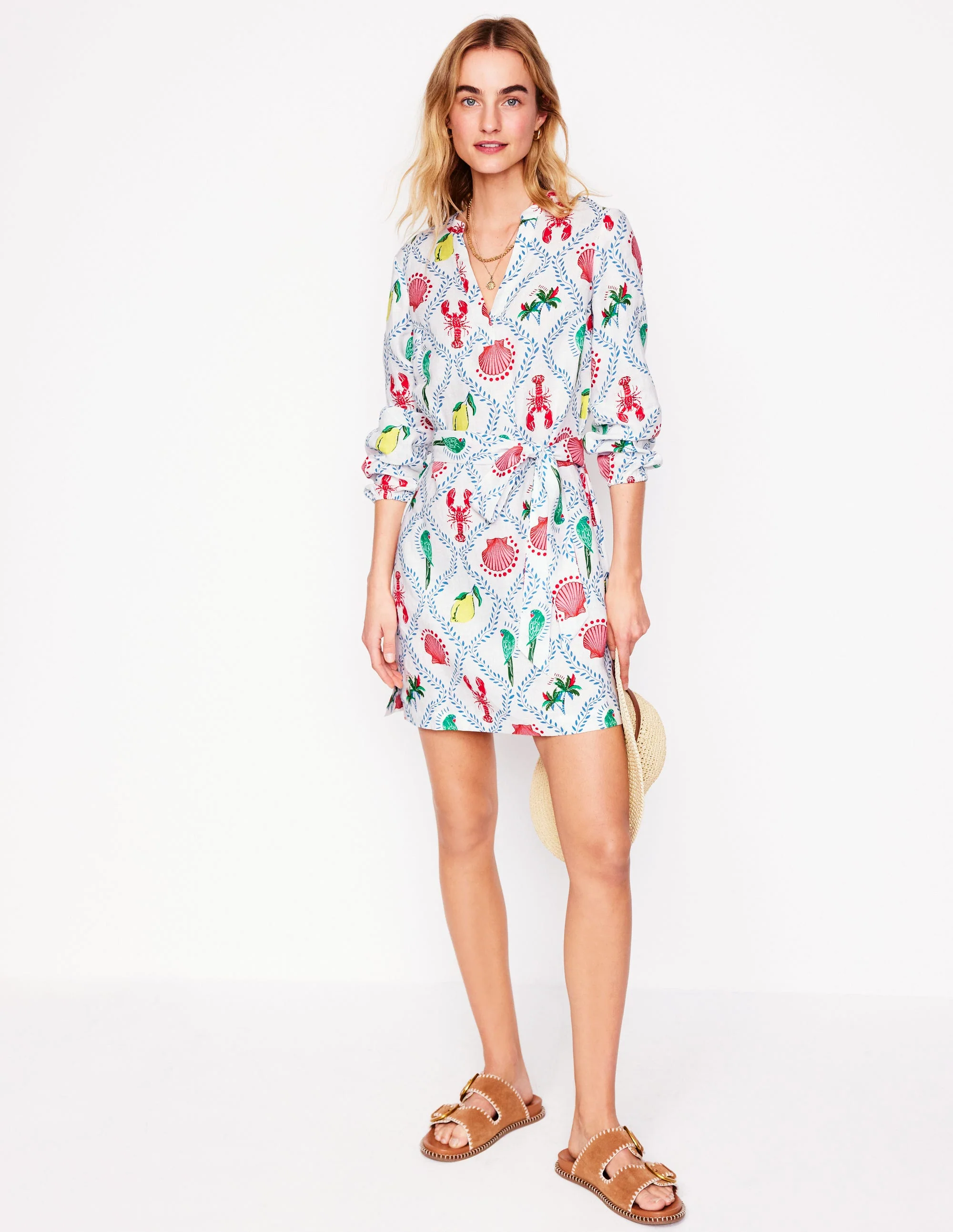 Cleo Leinenkleid mit Bindegürtel-Naturweiß, Tropical Bonanza-Motiv - Image 4