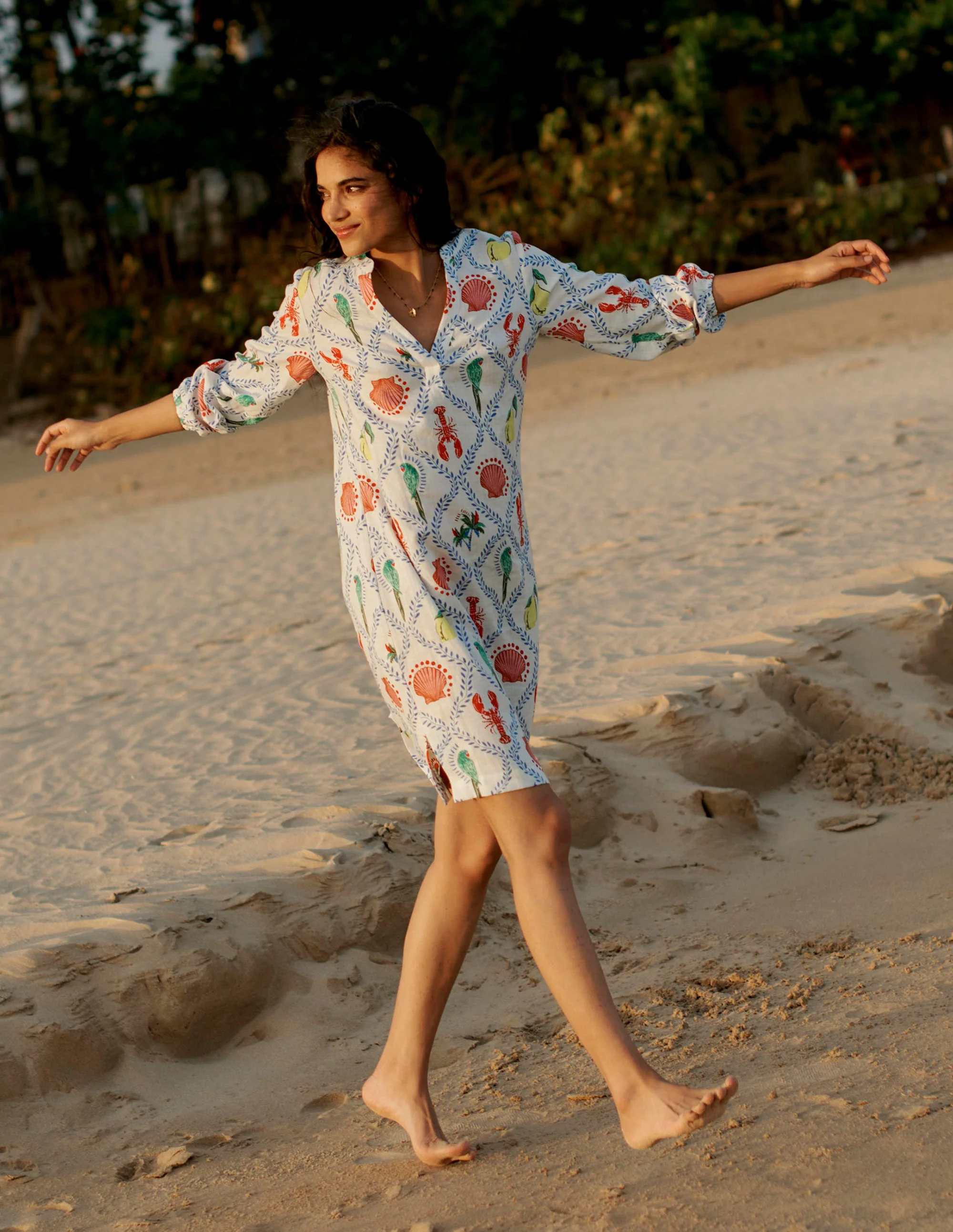 Cleo Leinenkleid mit Bindegürtel-Naturweiß, Tropical Bonanza-Motiv - Image 5