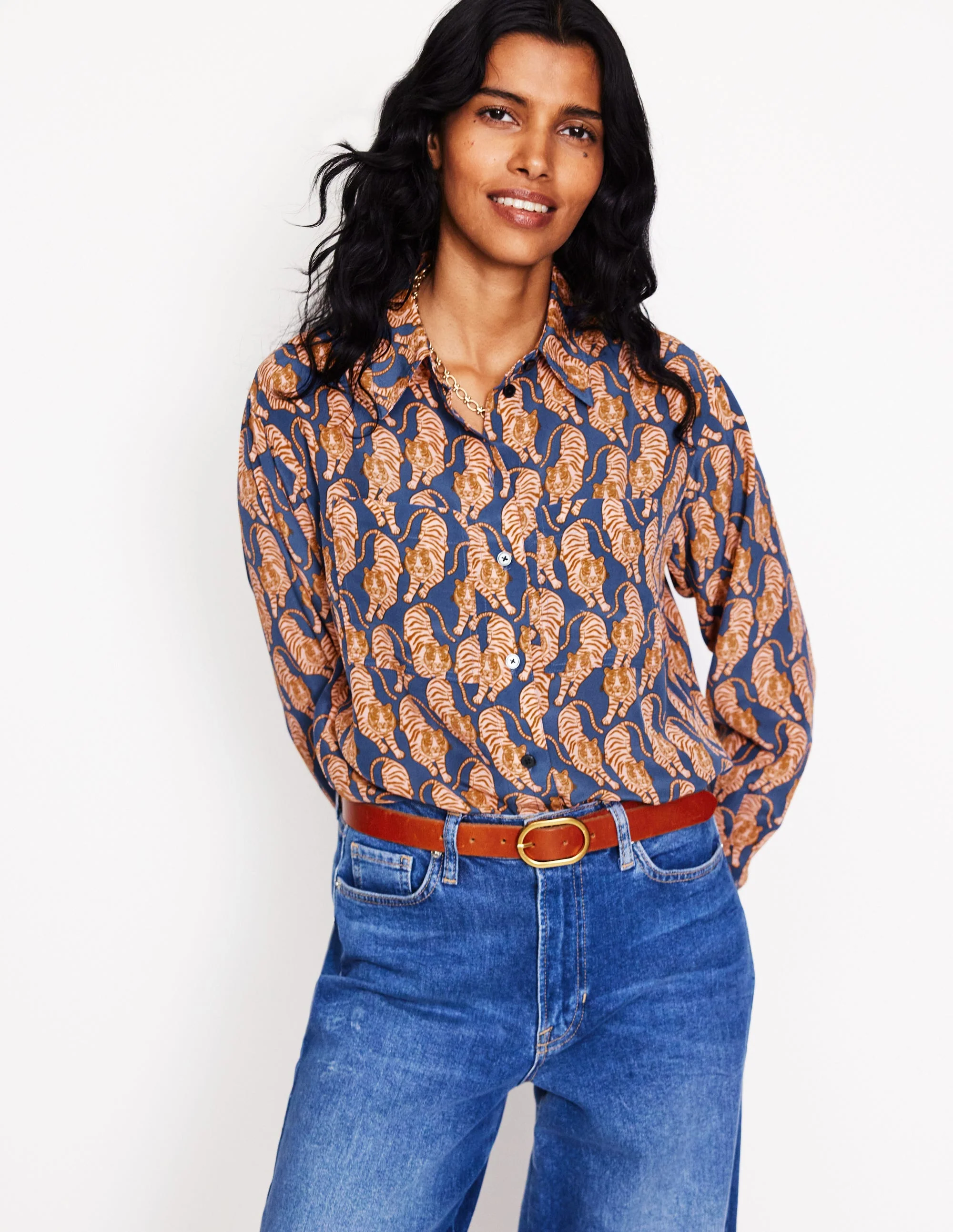 Connie Lockeres Seidenhemd-Denim-Blau, Tiger - Image 4