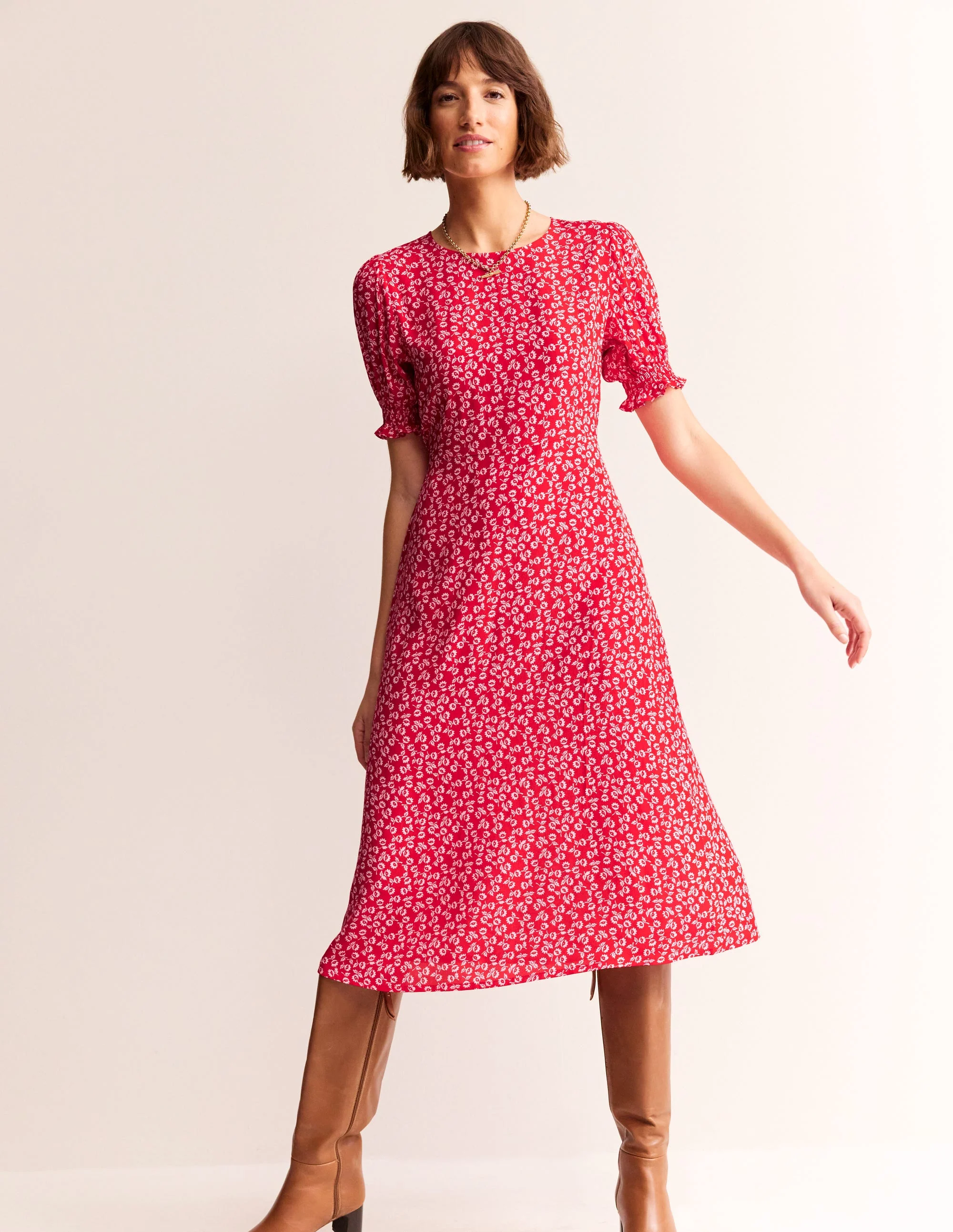 Corinne Midi-Teekleid-Flame Scarlet, Winzige Knospen