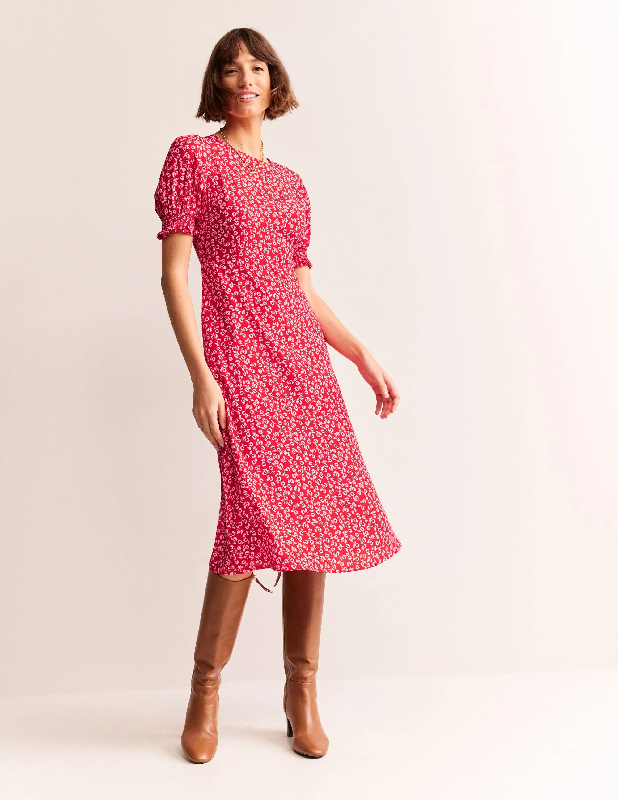 Corinne Midi-Teekleid-Flame Scarlet, Winzige Knospen - Image 4