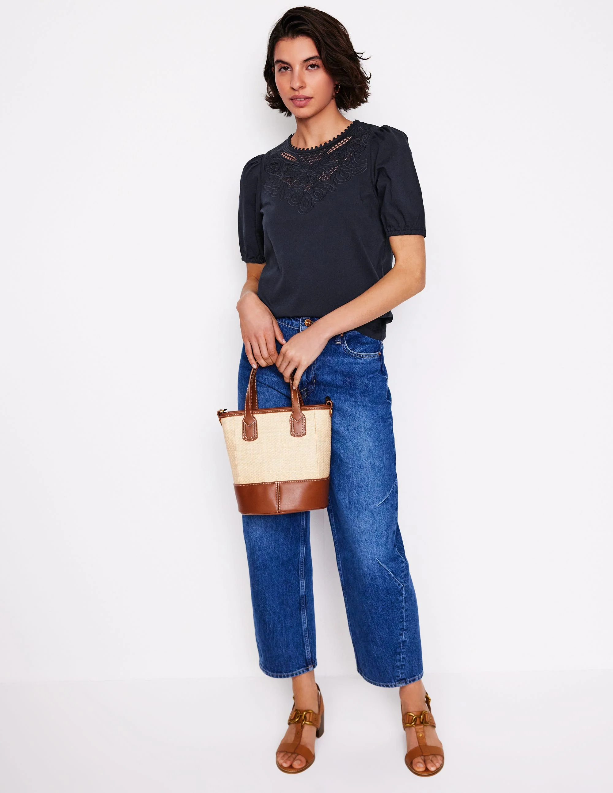 Cutwork-T-Shirt mit Puffärmeln-Marineblau - Image 4