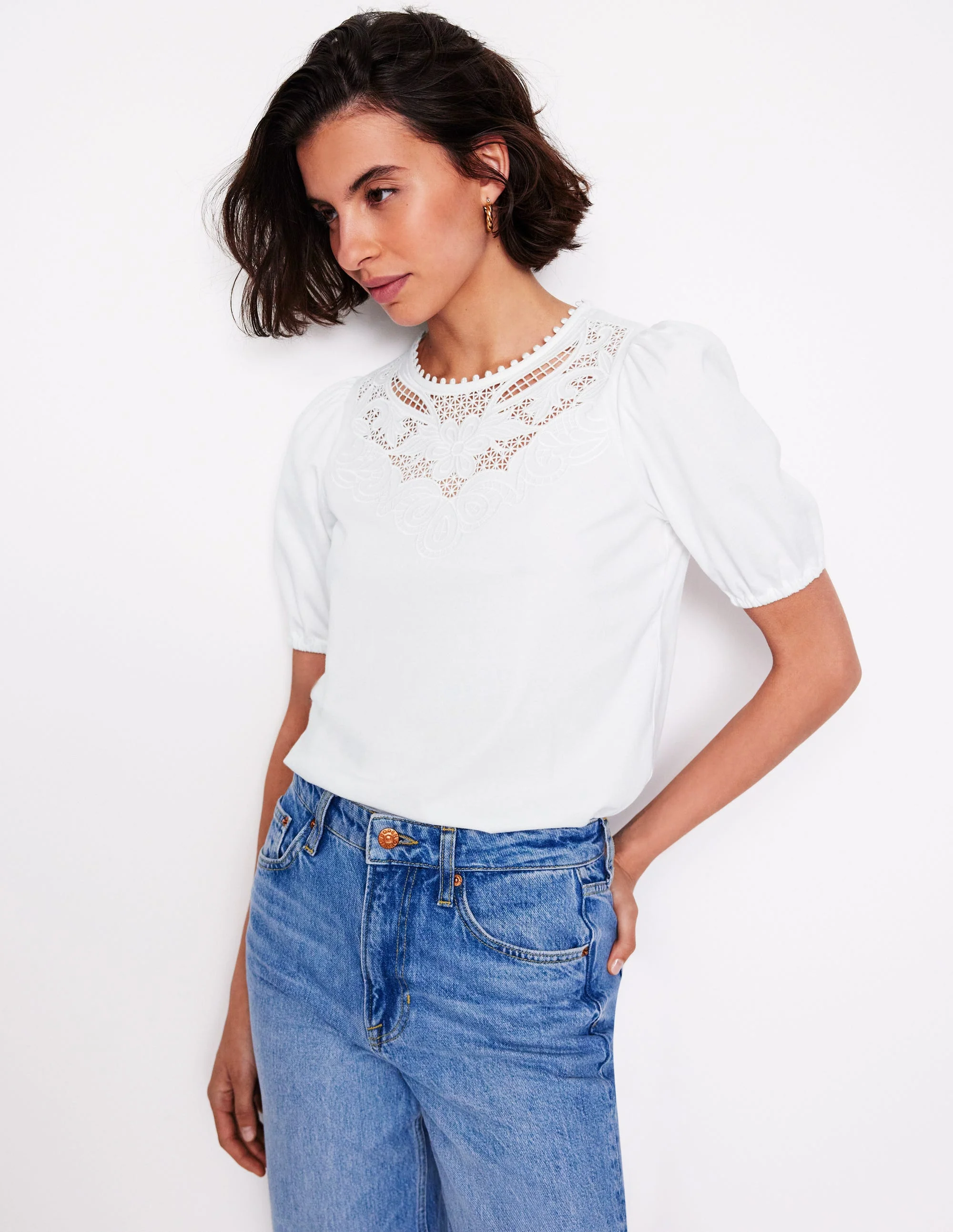 Cutwork-T-Shirt mit Puffärmeln-Weiß