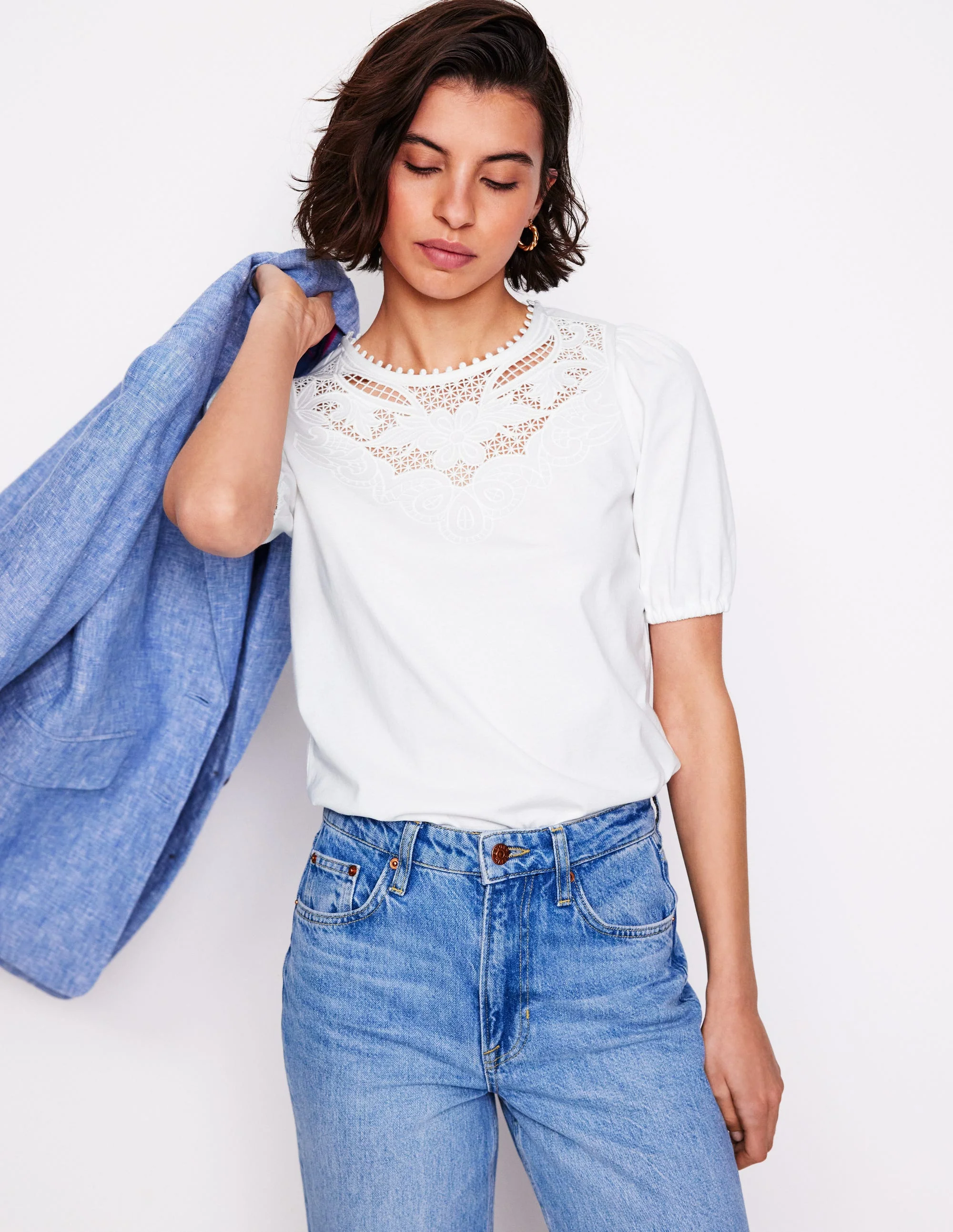Cutwork-T-Shirt mit Puffärmeln-Weiß - Image 4