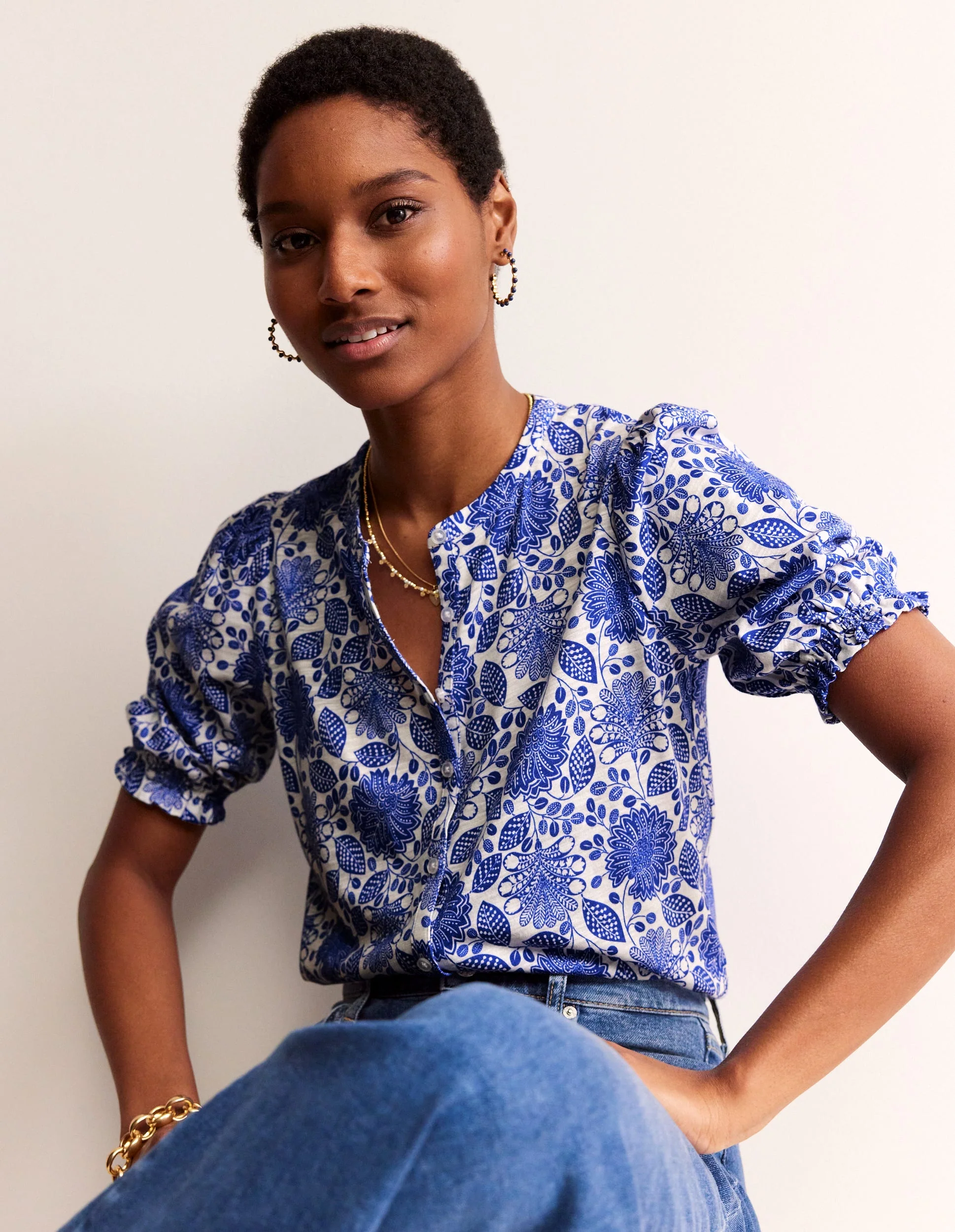 Dolly Jerseyhemd mit Puffärmeln-Blau und Naturweiß, Gardenia Swirl - Image 4