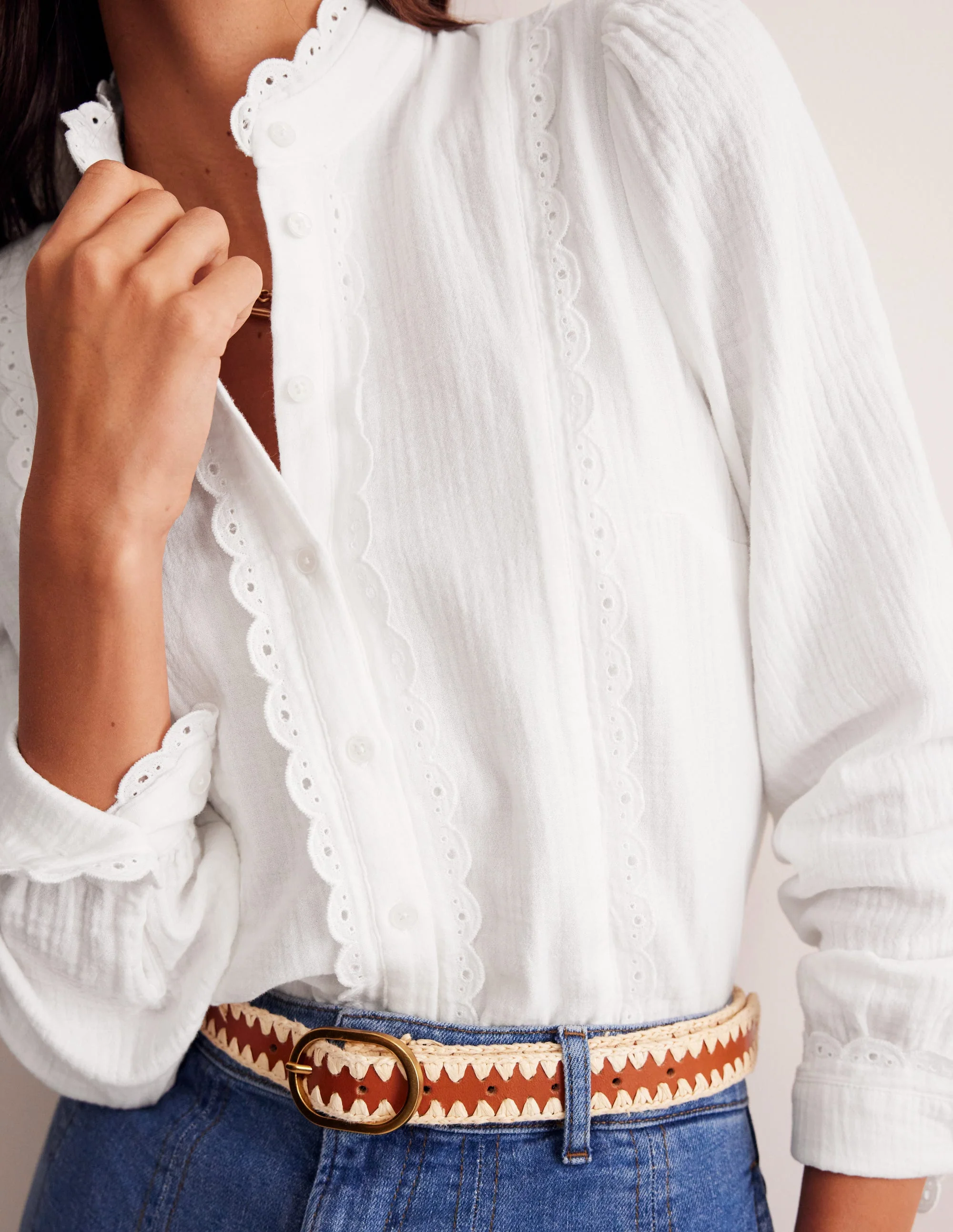 Doppeltuch-Bluse mit Muschelsaum-Weiß - Image 2