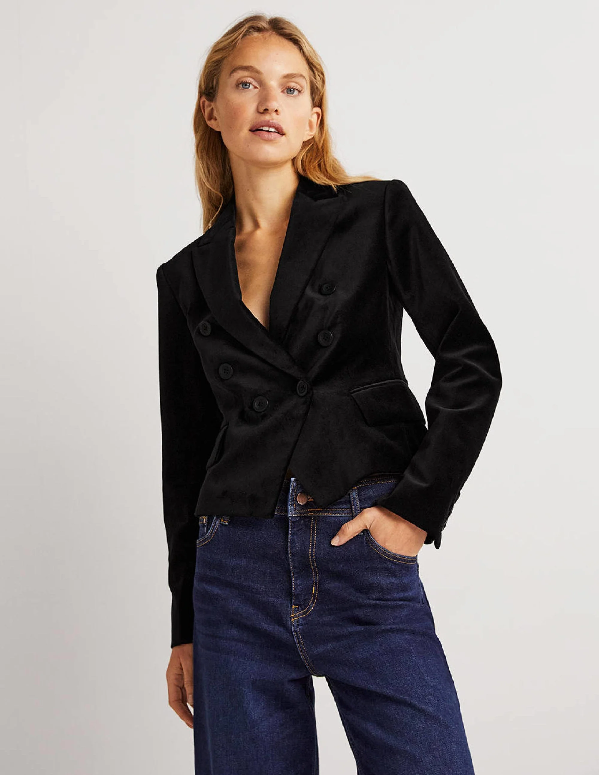 Double Breasted Velvet Blazer-Schwarz