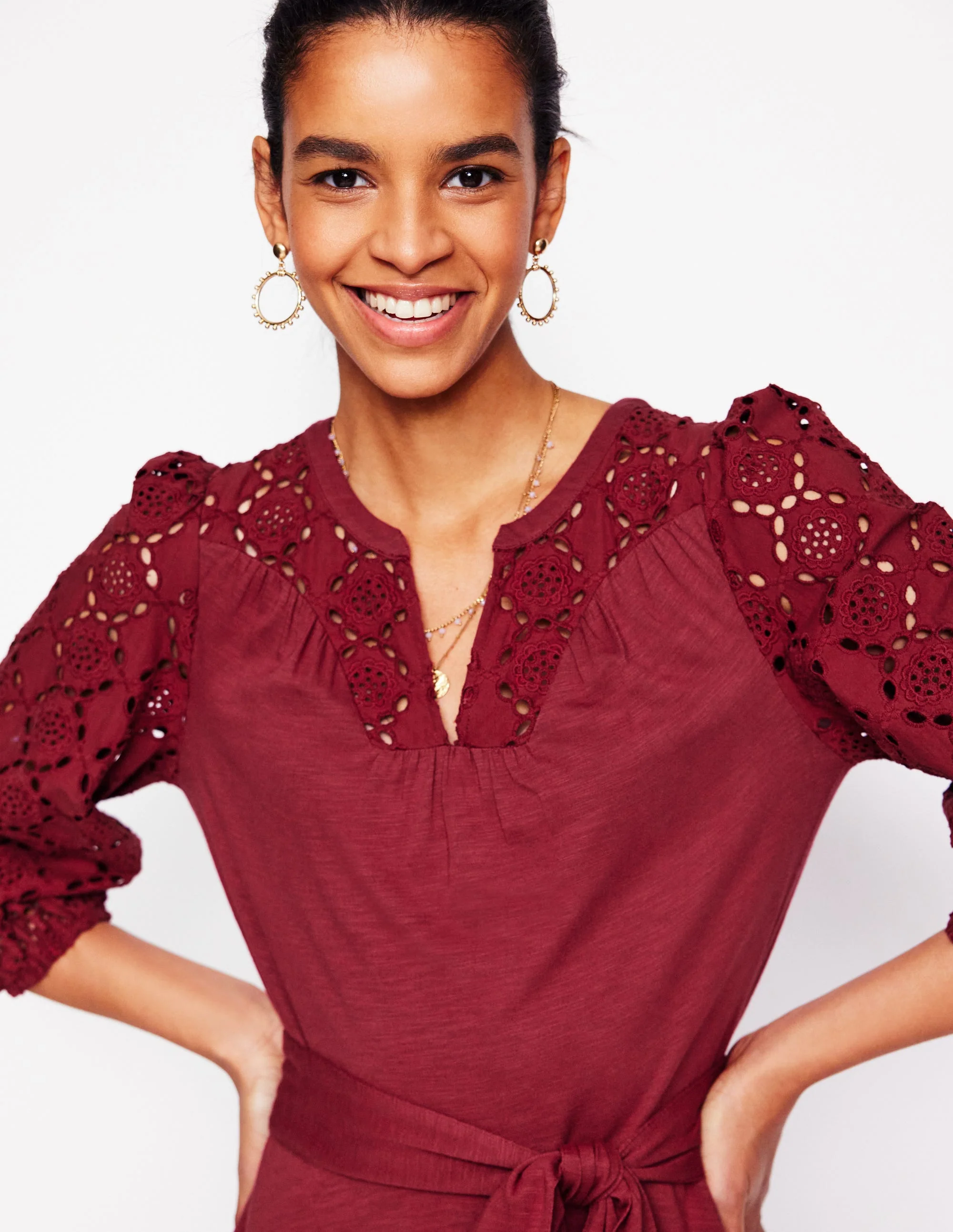 Eden Jerseykleid mit Lochstickerei-Granatrot - Image 3