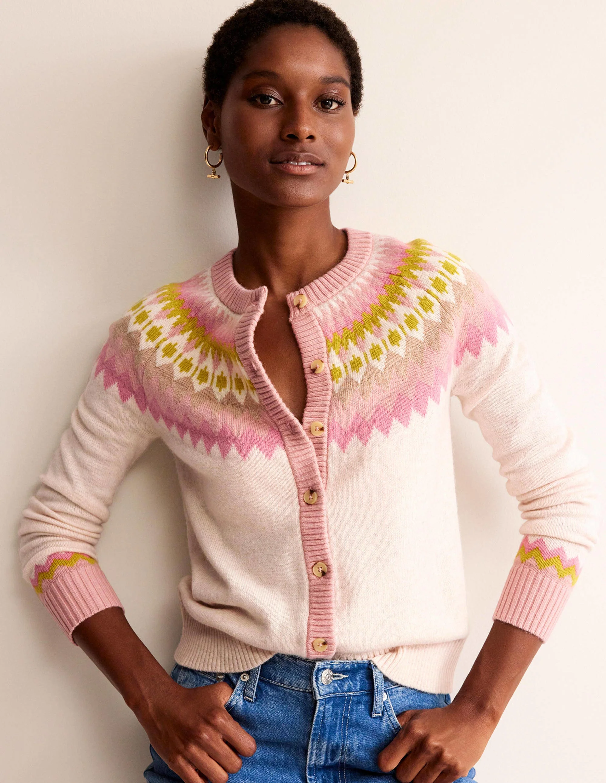 Edie Fair-Isle-Strickjacke-Haferbeige Meliert Fair-Isle