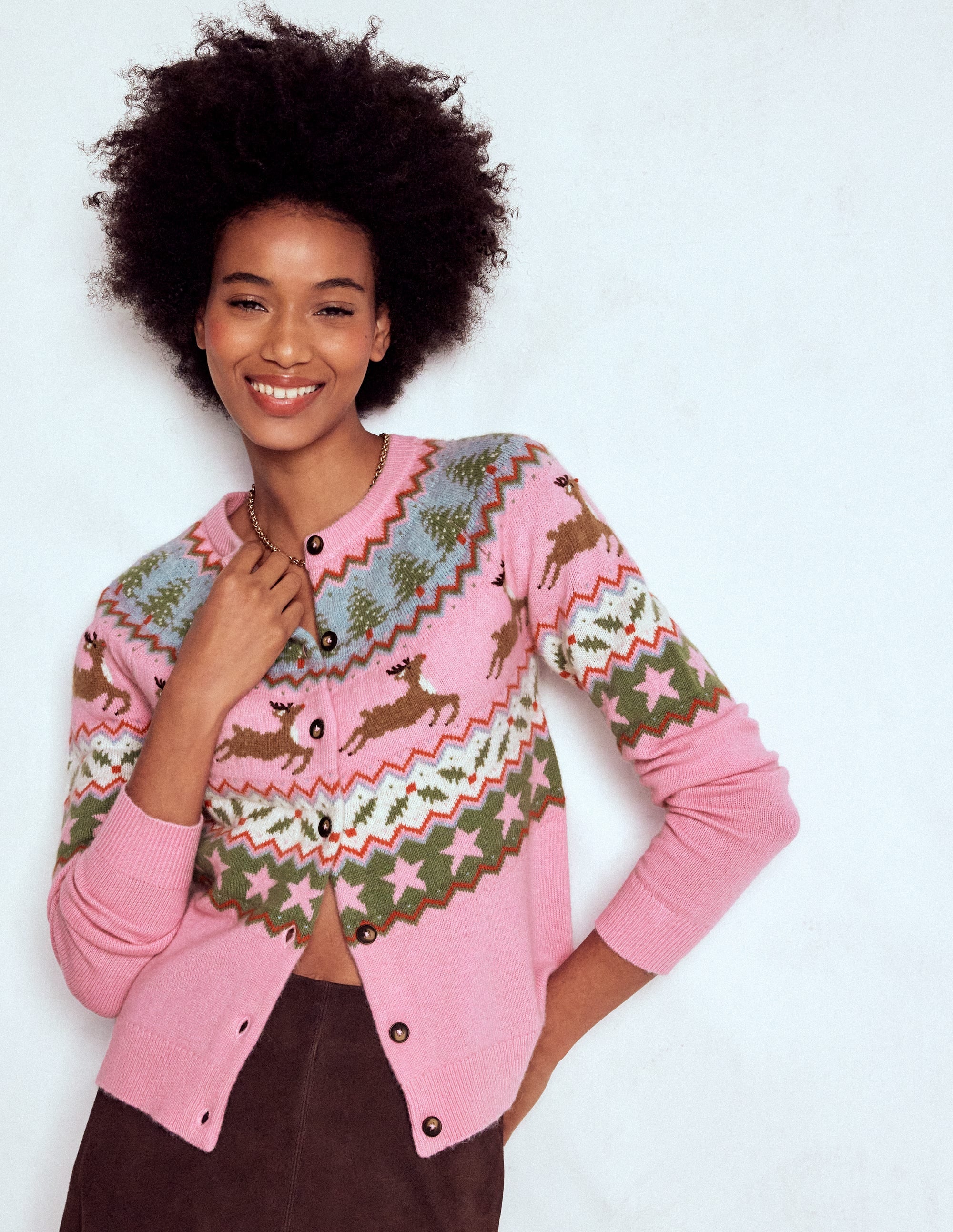 Edie Fair-Isle-Strickjacke-Rosa, Rentier
