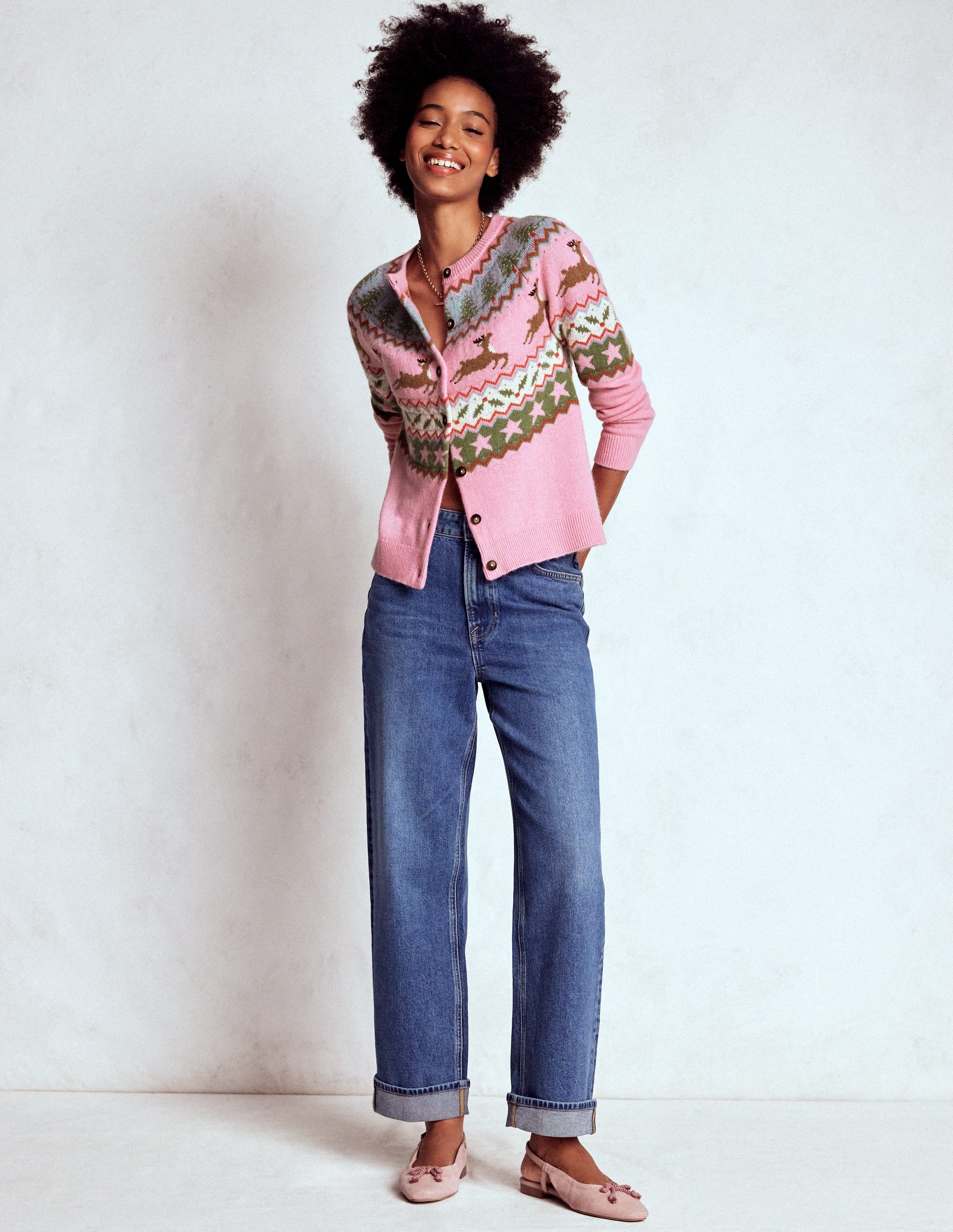 Edie Fair-Isle-Strickjacke-Rosa, Rentier - Image 5