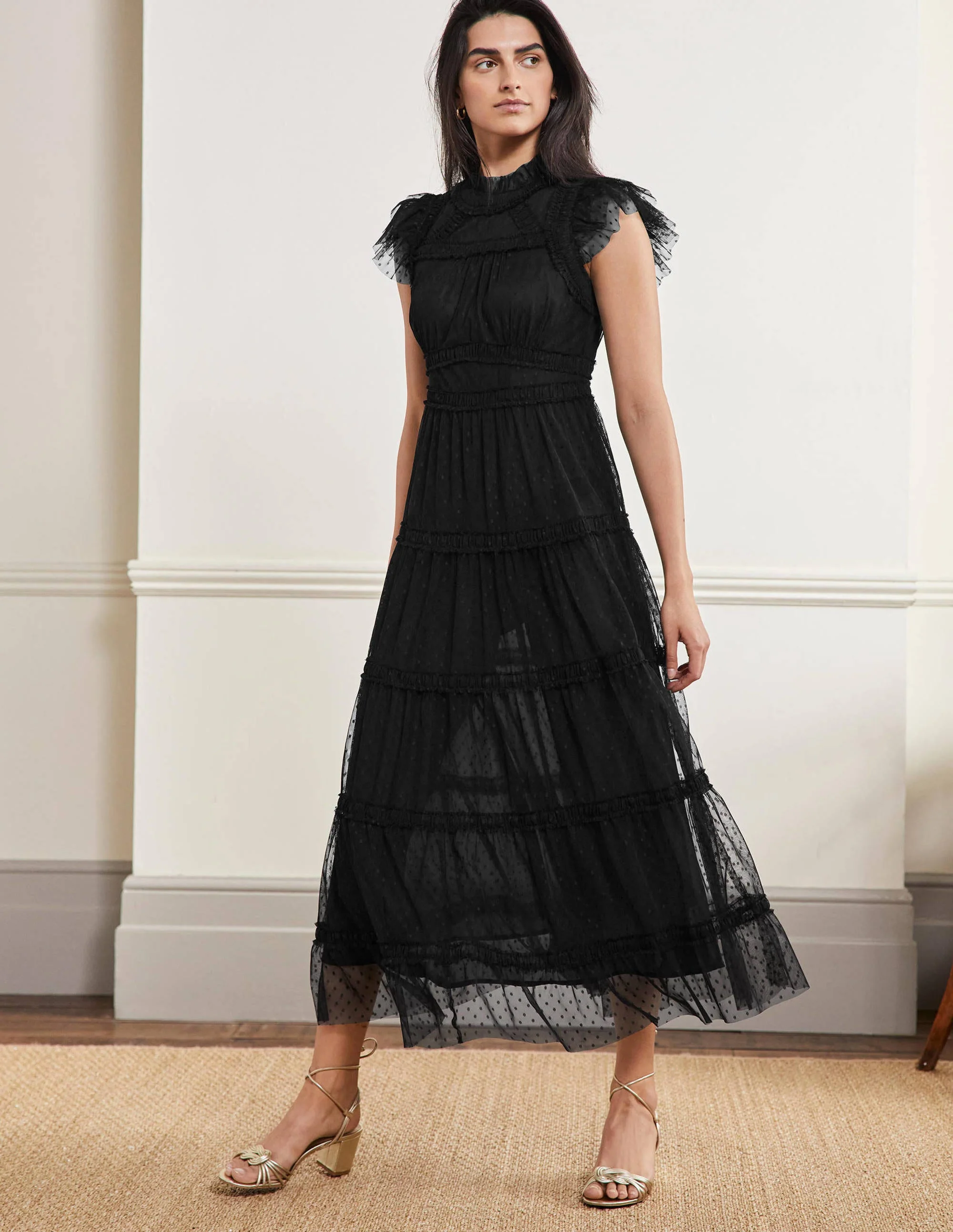 Edie Gestuftes Midi-Tüllkleid-Schwarz