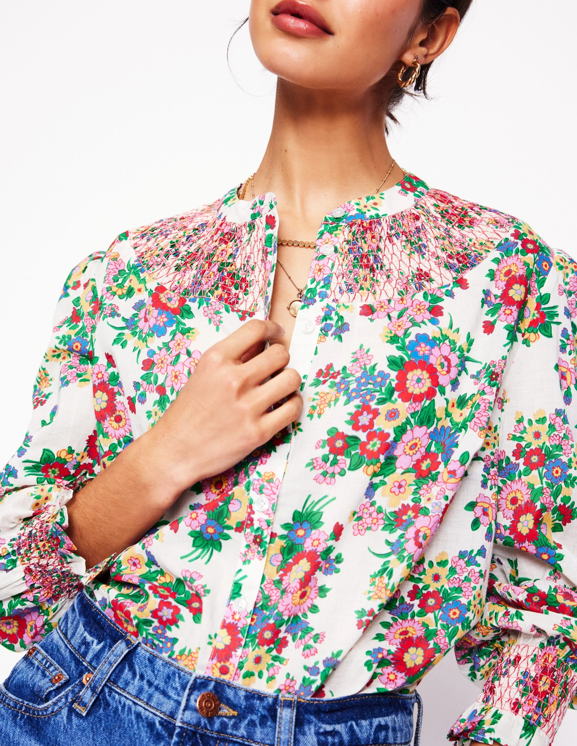 Effie Gesmokte Bluse-Bunt, Bouquet-Cluster - Image 2