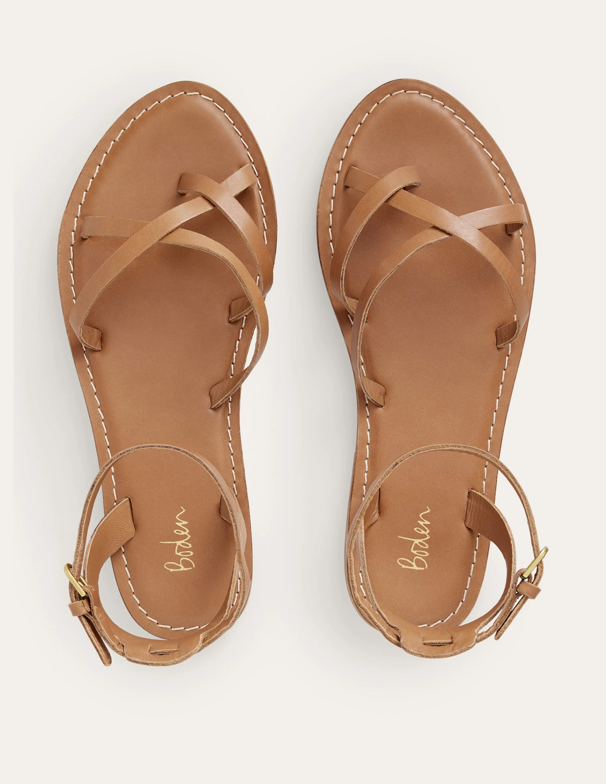 Einfache Sandalen mit flacher Sohle-Hellbraun, Glattleder - Image 4