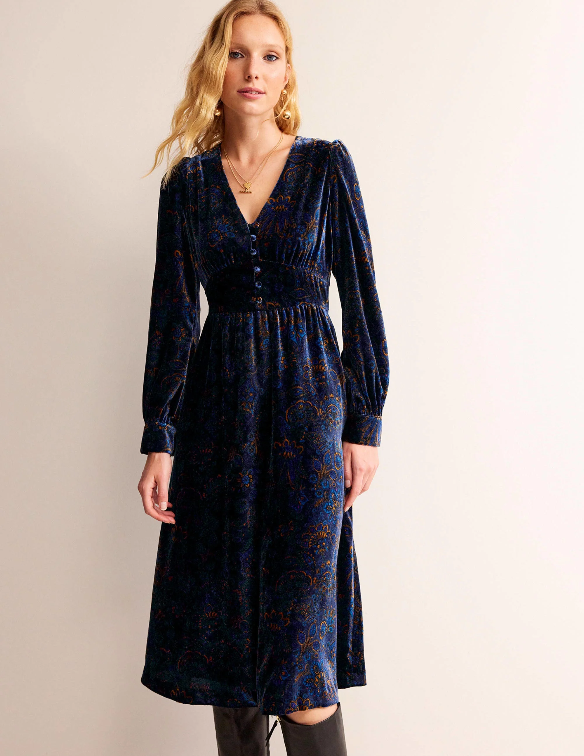 Elise Edelstein-Midikleid aus Samt-Französisches Marineblau, Azaleenblüte - Image 2