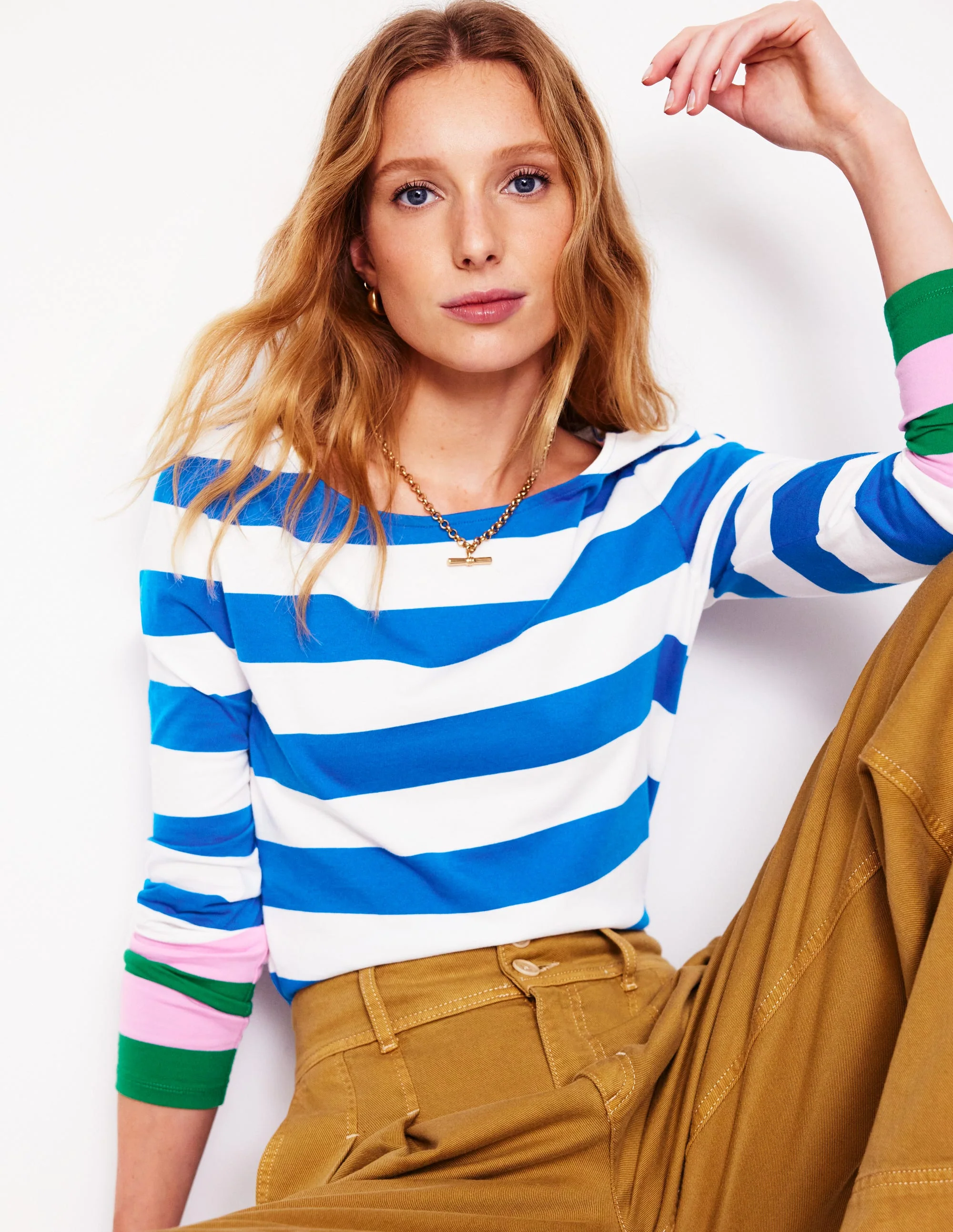 Ella Breton-Shirt mit langen Ärmeln-Galerieblau, Smaragdgrüne Bündchen
