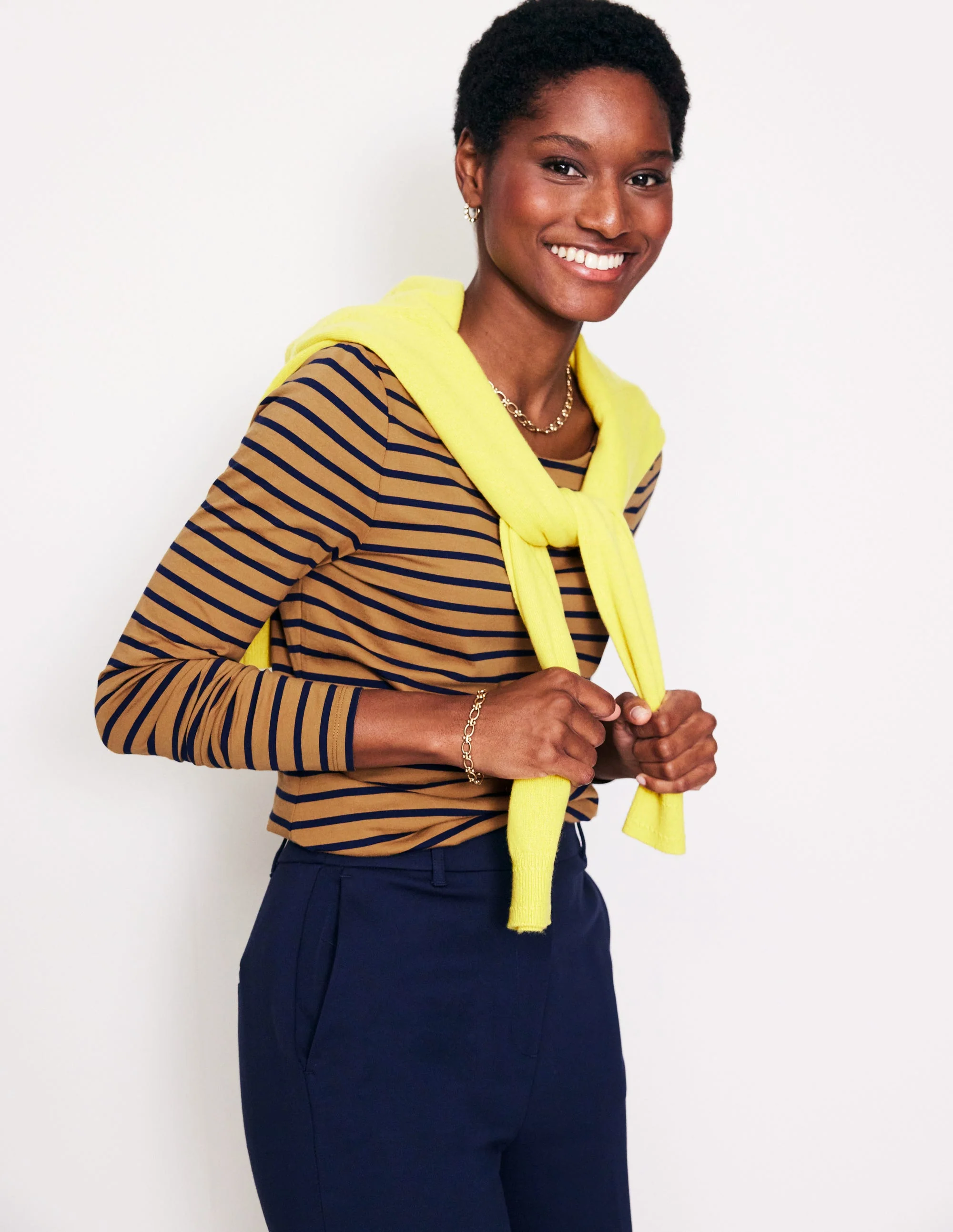 Ella Breton-Shirt mit langen Ärmeln-Kamelbraun, Französisches Marineblau Streifen - Image 4