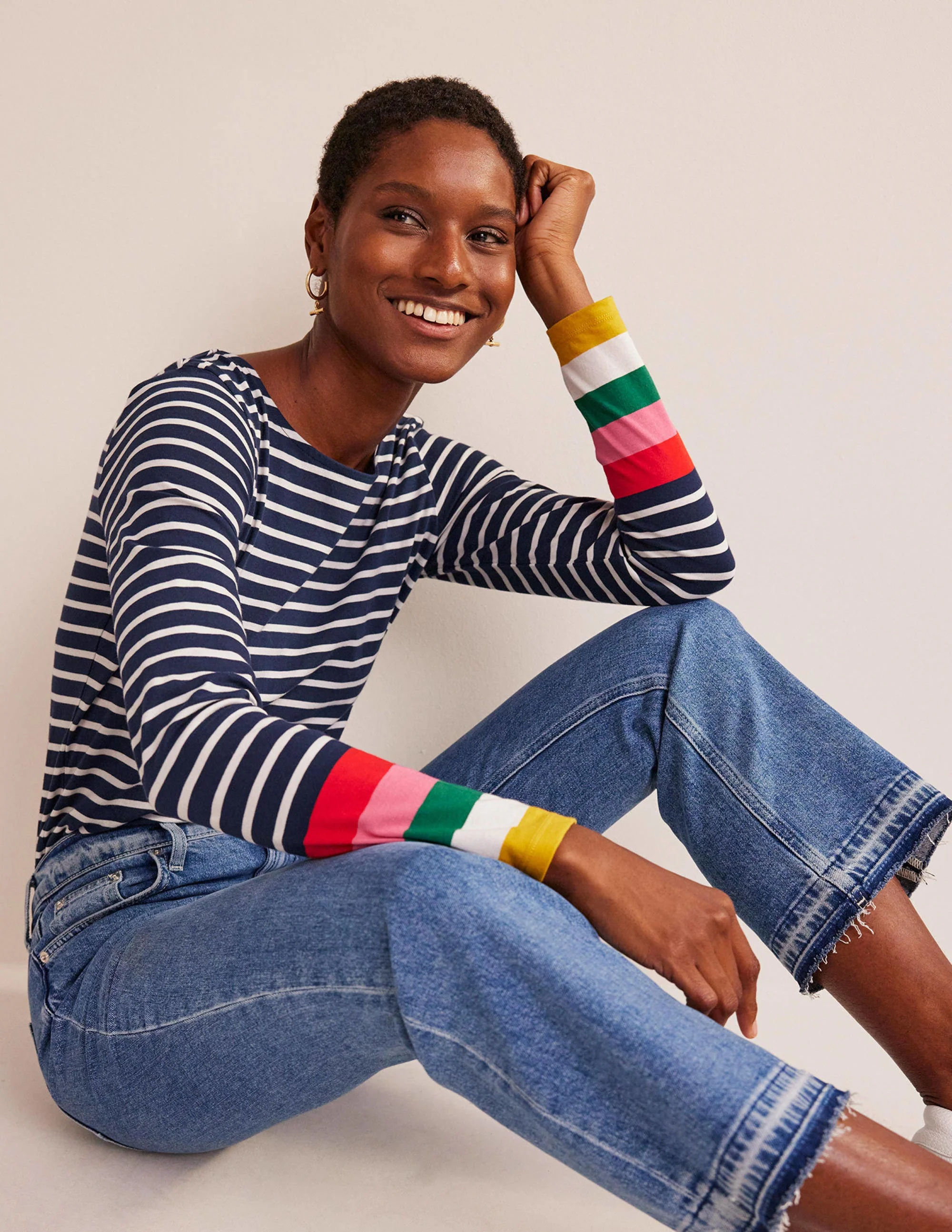Ella Breton-Shirt mit langen Ärmeln-Marineblau, Bunte Bündchen